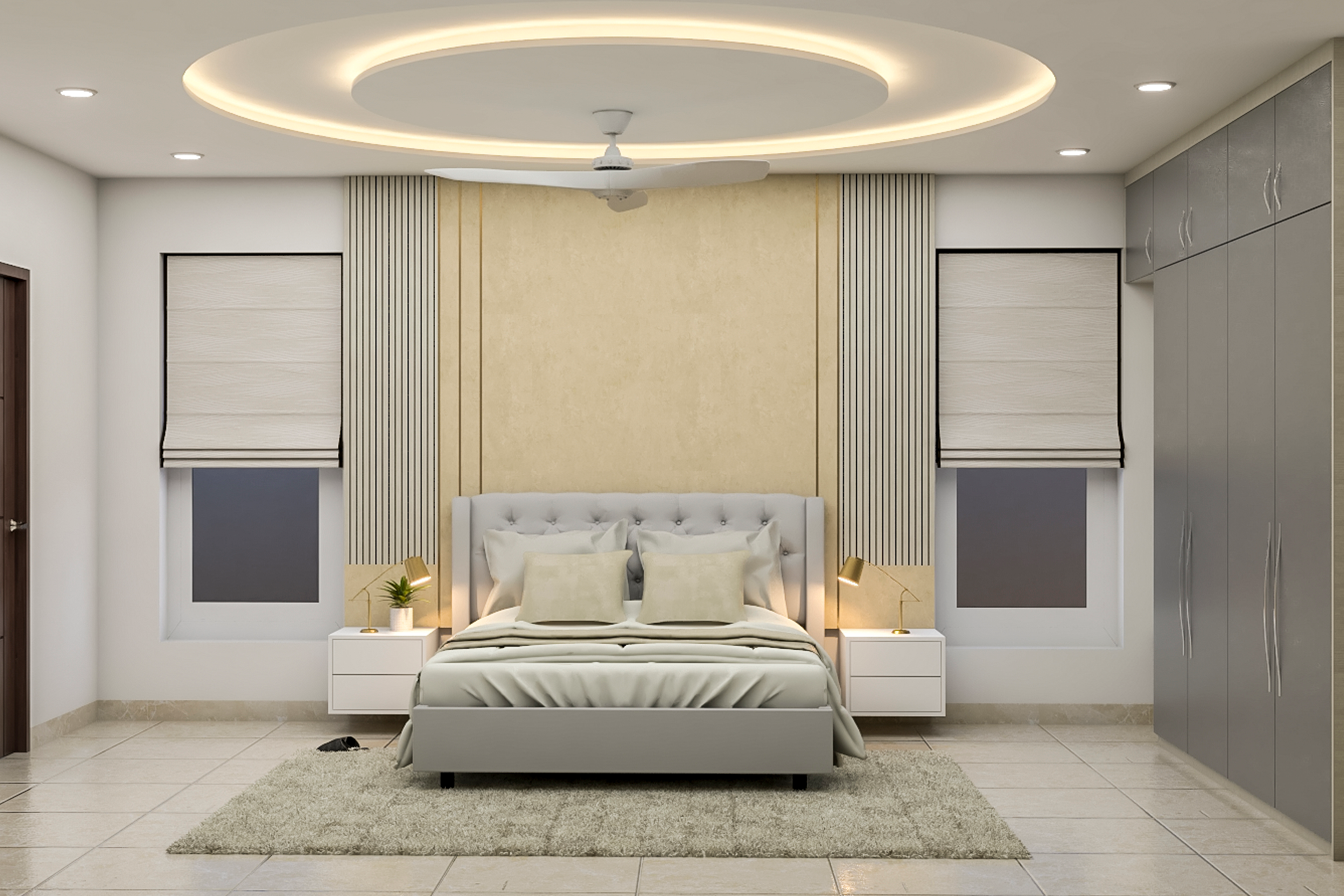 Contemporary Master Bedroom Design With Circular False Ceiling