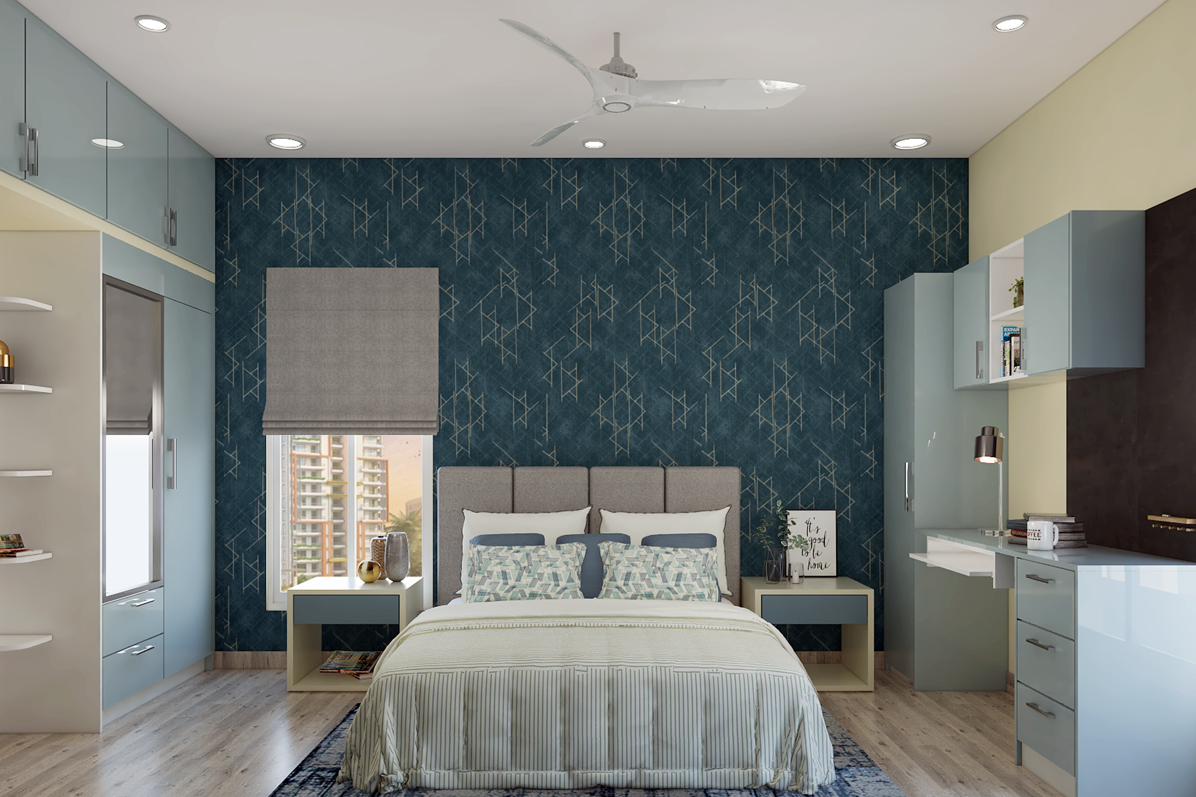 Modern Style Spacious Master Bedroom Design With Blue Study
