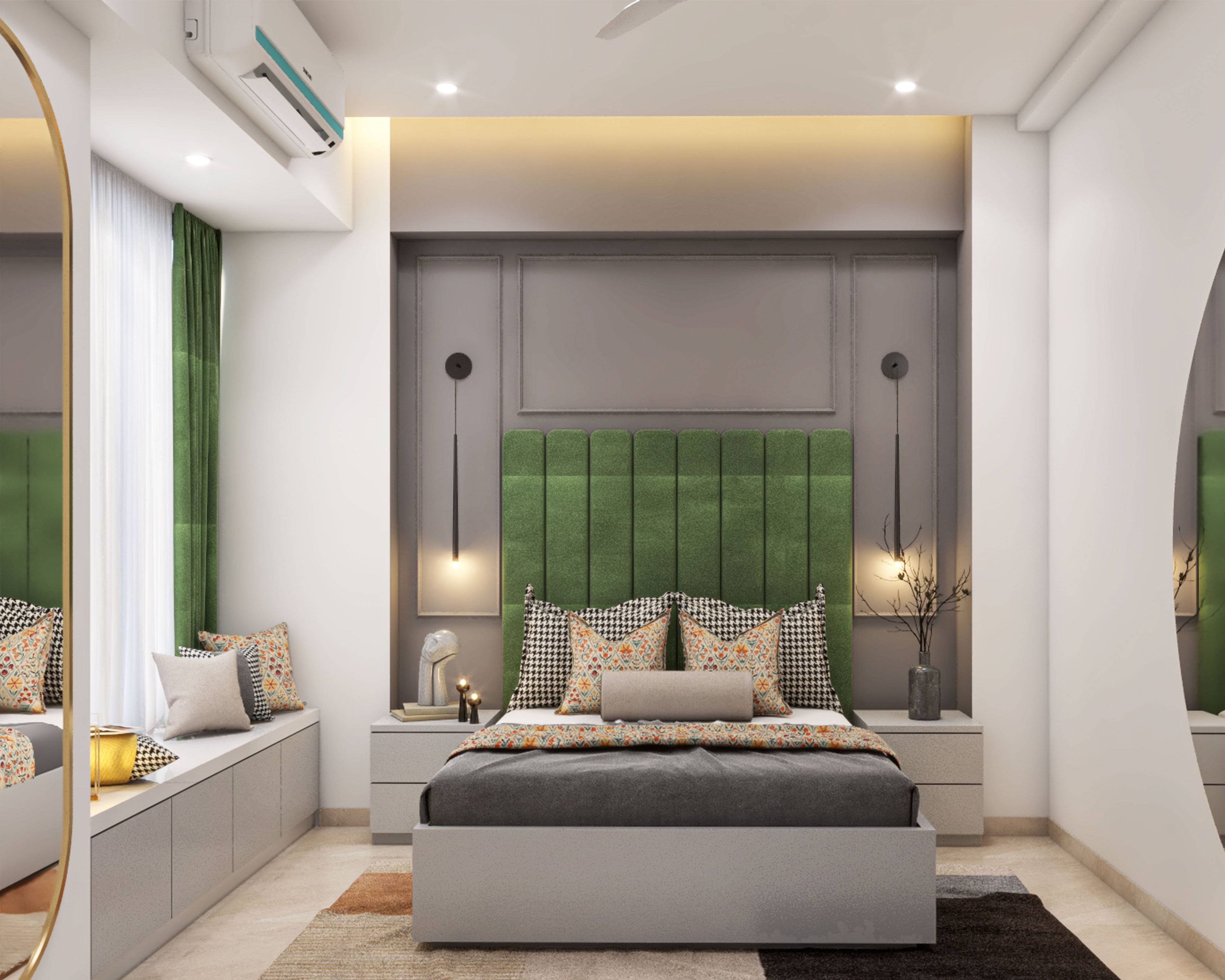 Modern Spacious Master Bedroom Design With Green Velvet Headboard