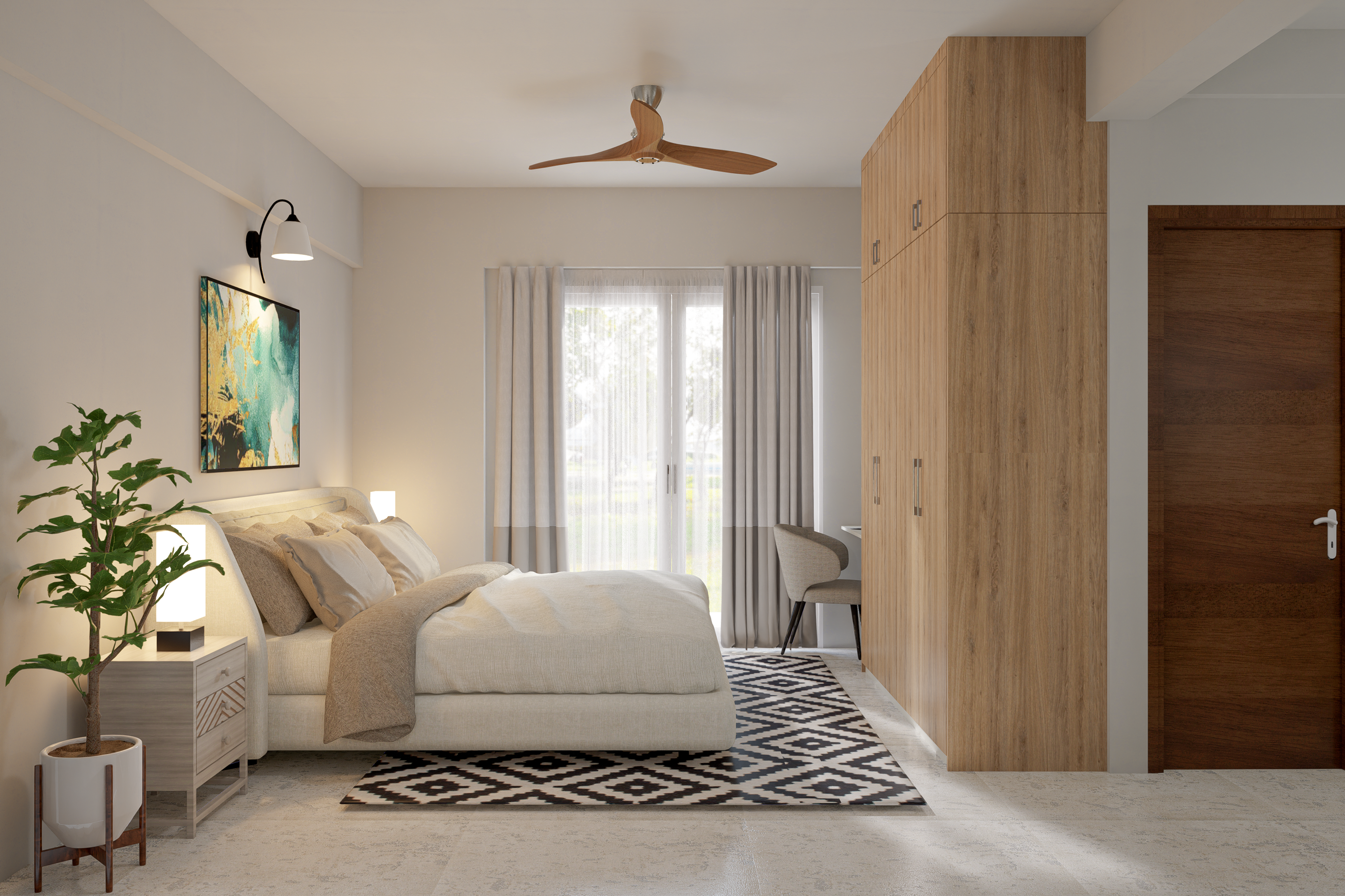 Minimal Master Bedroom Design With Wooden Wardrobe
