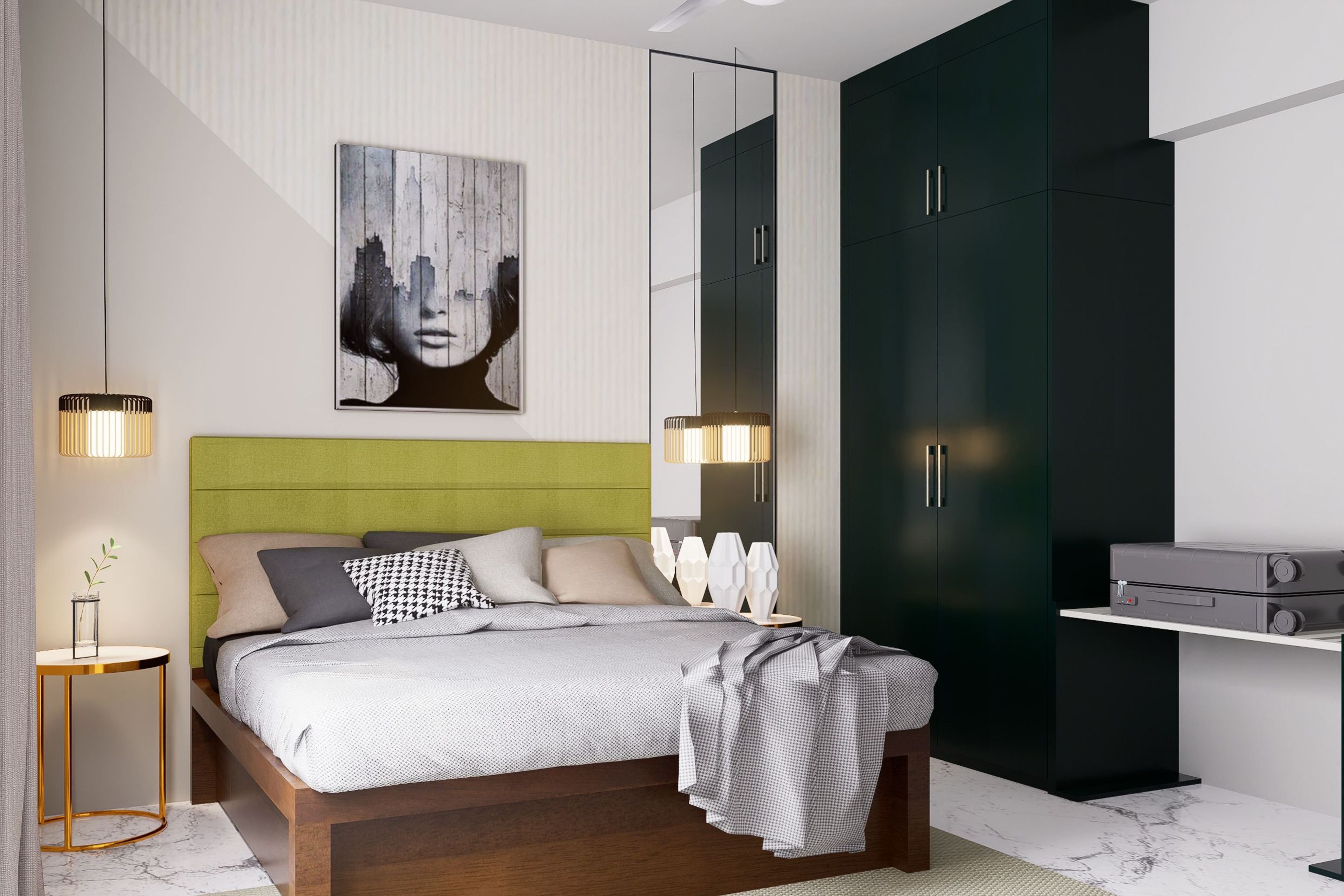 Modern Green Themed Master Bedroom Design With Pendant Lights