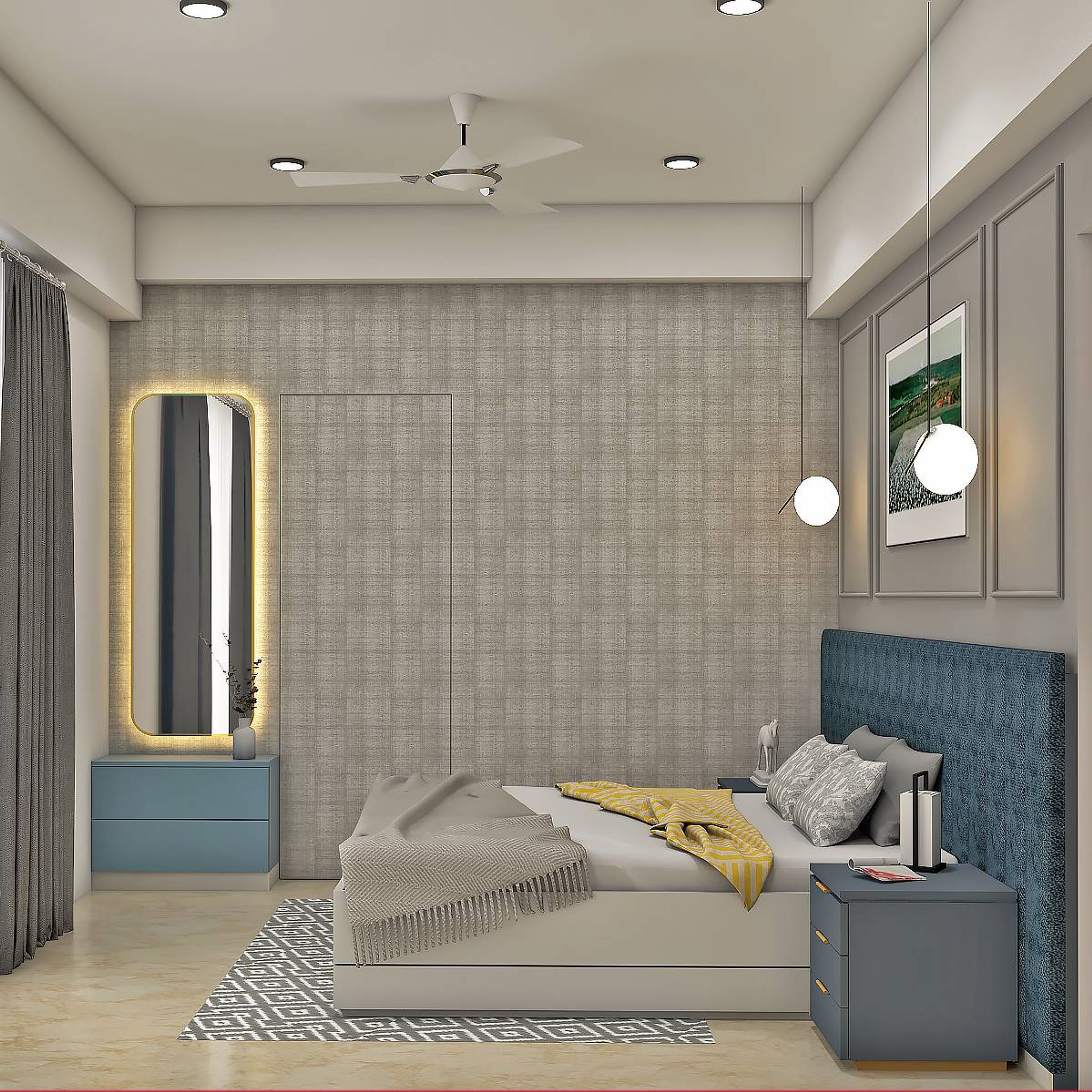 Modern Master Bedroom Design With Soothing Blue And Grey Wardrobe