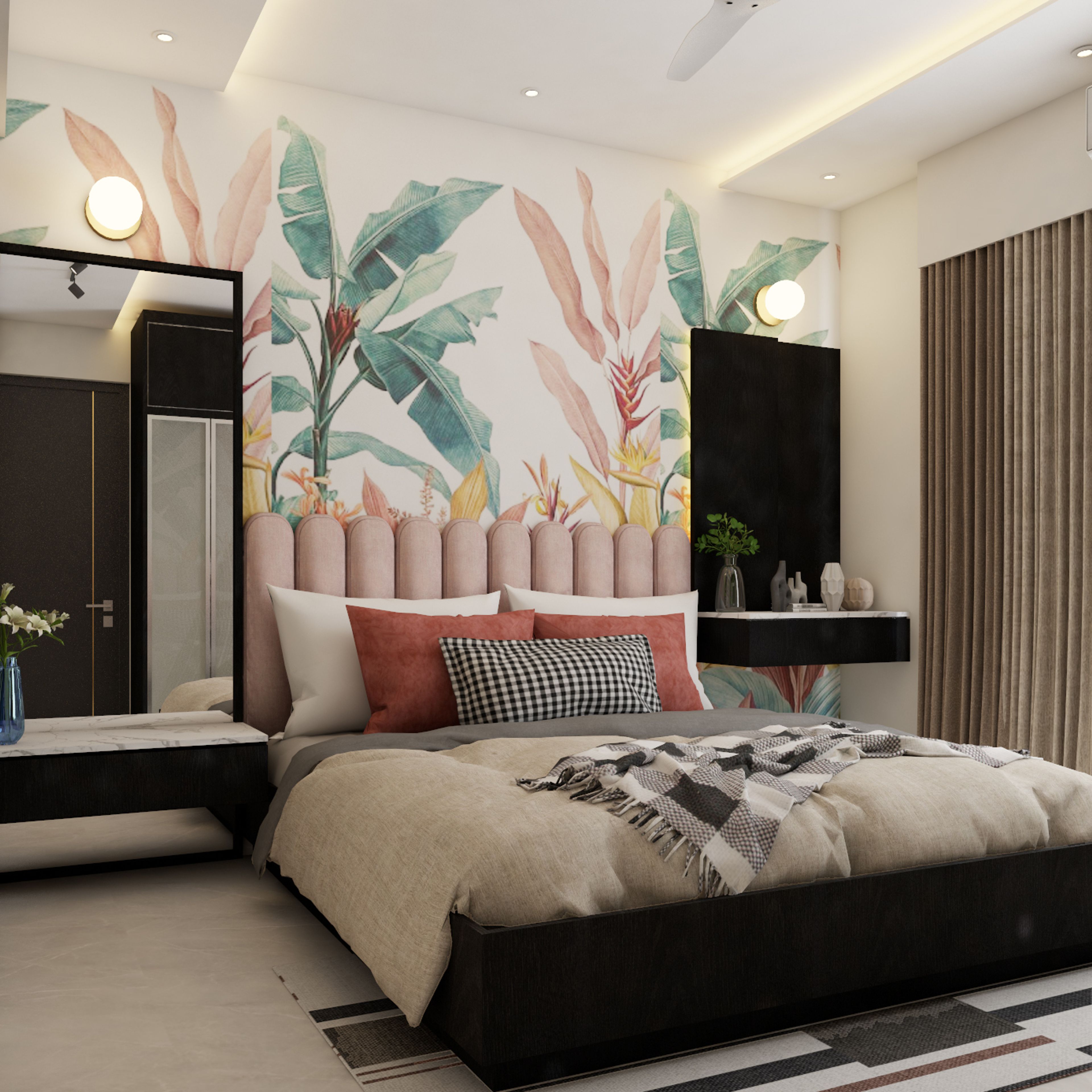 Modern Master Bedroom Design With Floral Wallpaper
