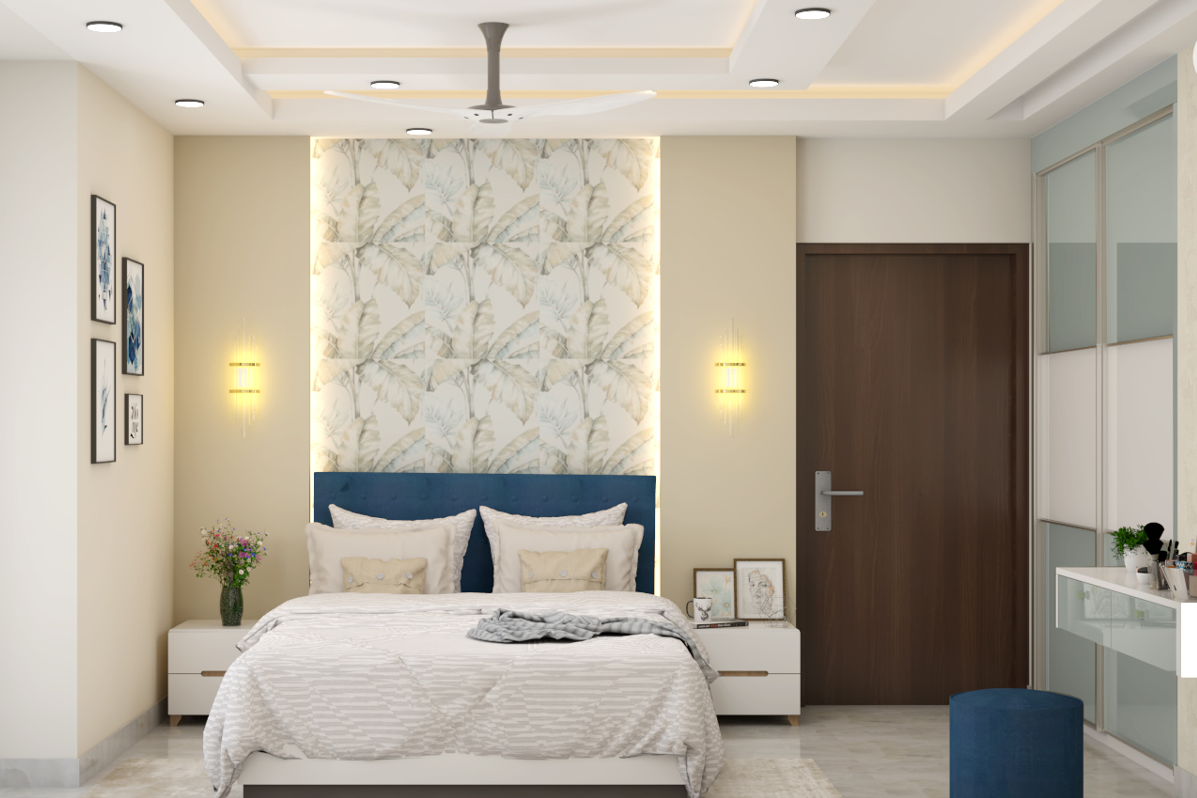 Modern Neutral-Toned Master Bedroom Design With Patterned Wallpaper