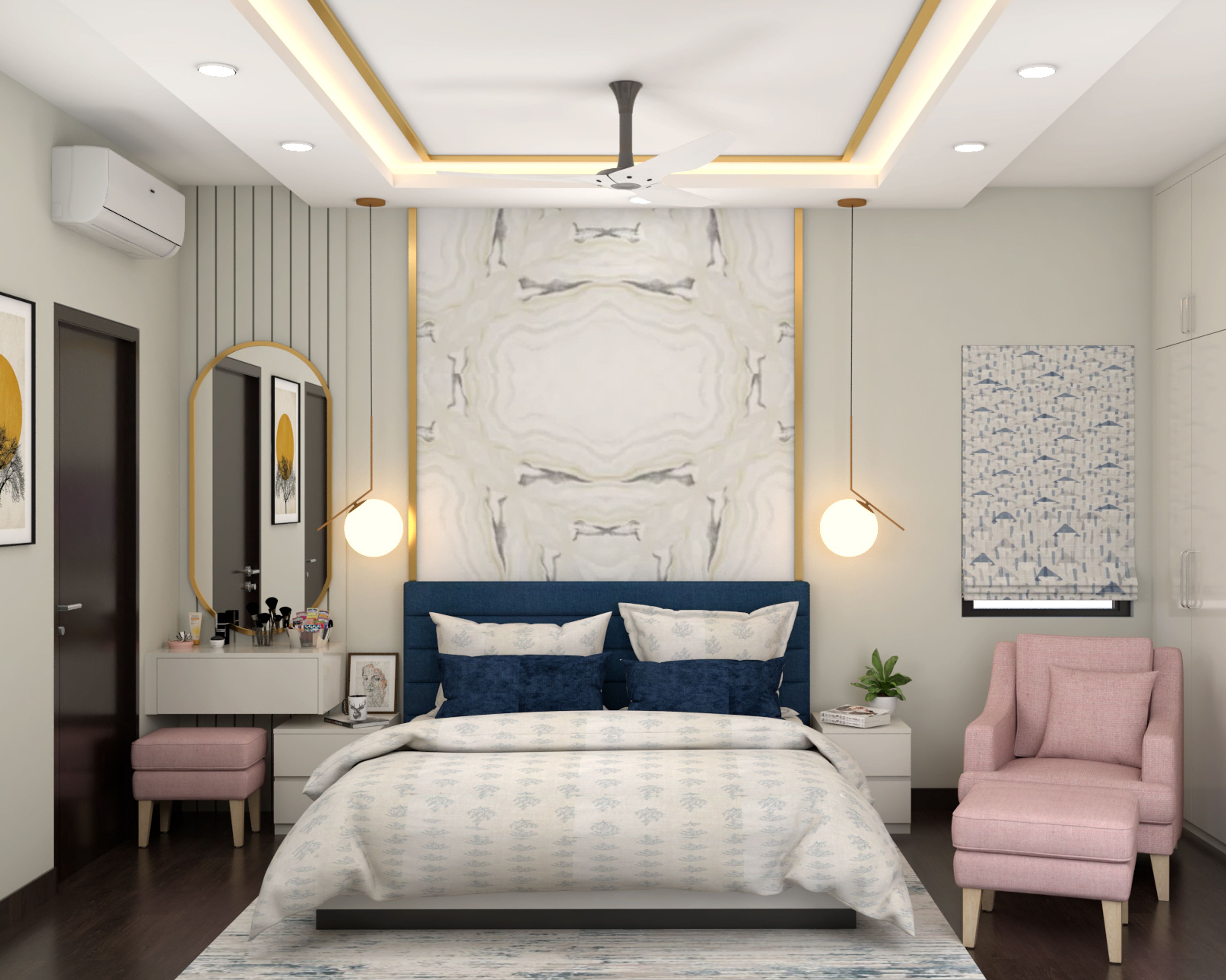 Contemporary Master Bedroom Design With Oval Mirror