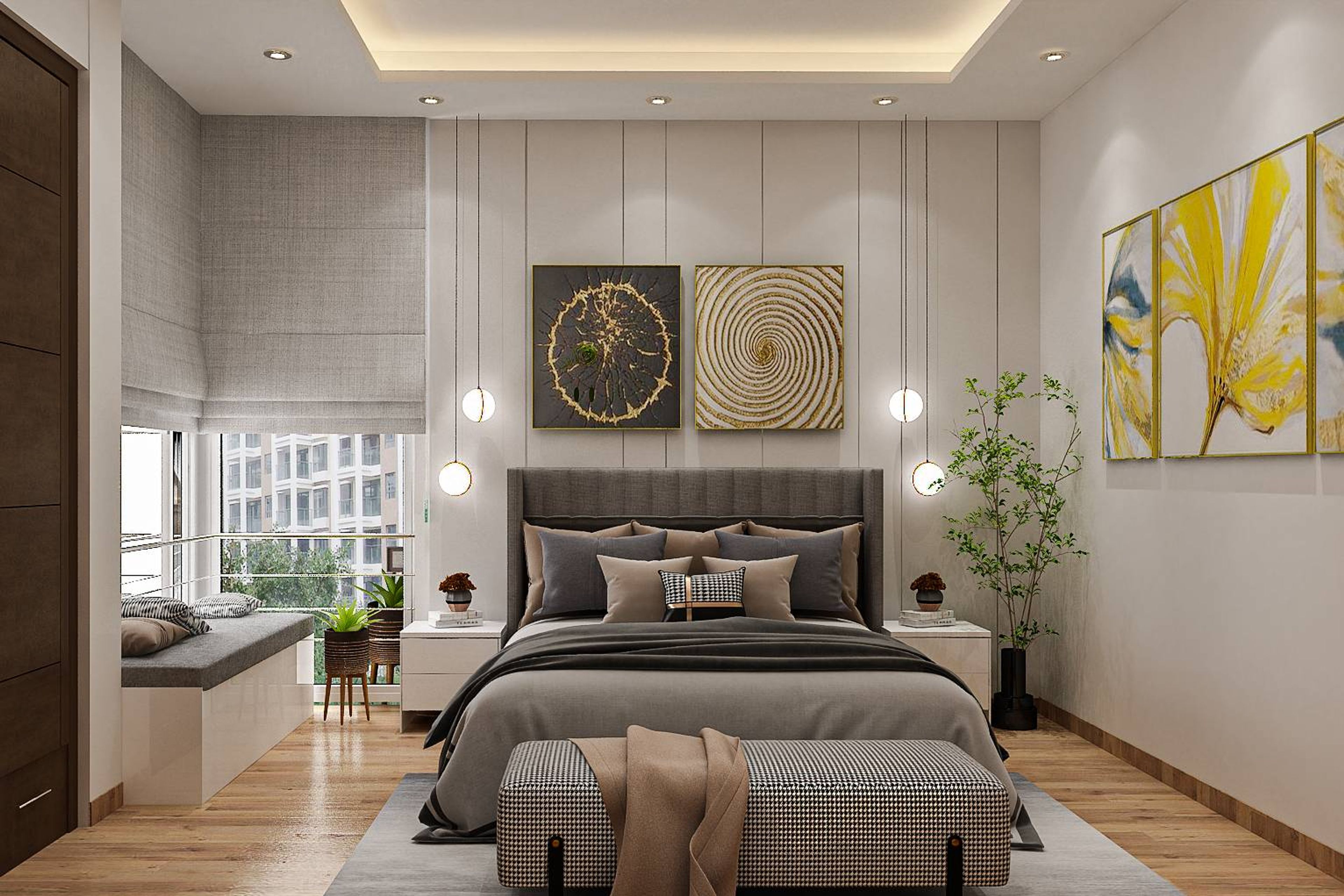 Contemporary Master Bedroom Design With Grey Double Bed