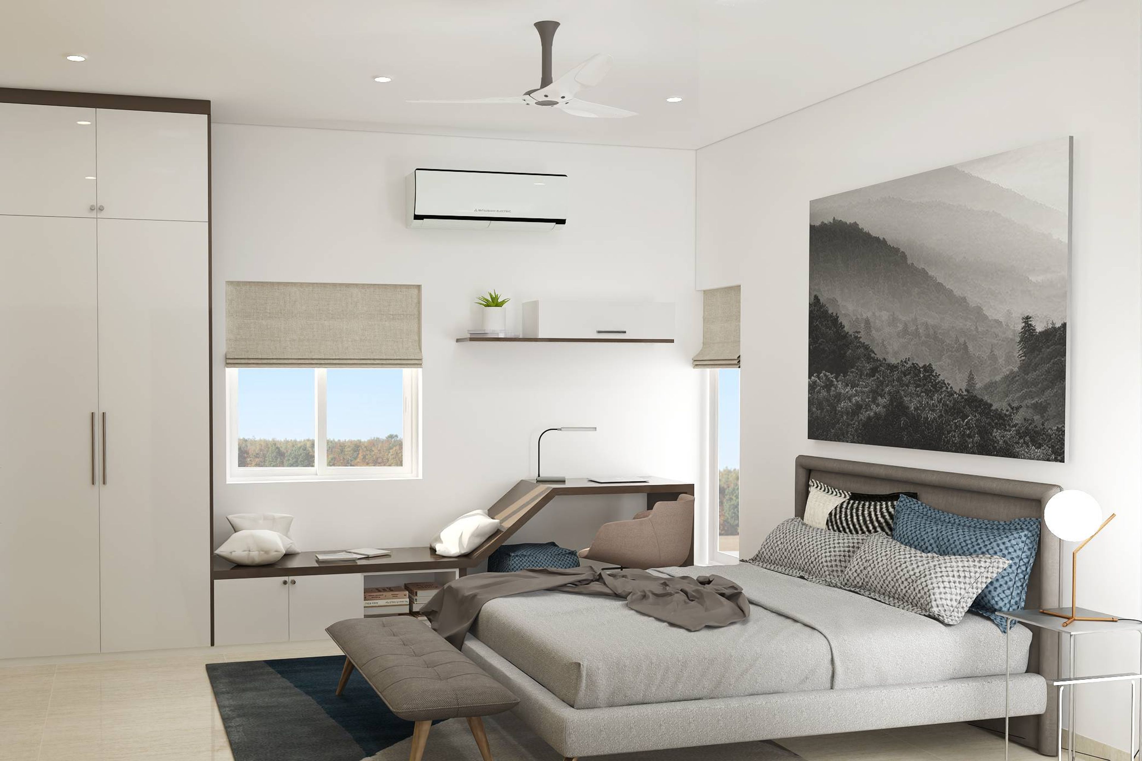 Modern Monochromatic Master Bedroom Design With Tinted Glass Shutters