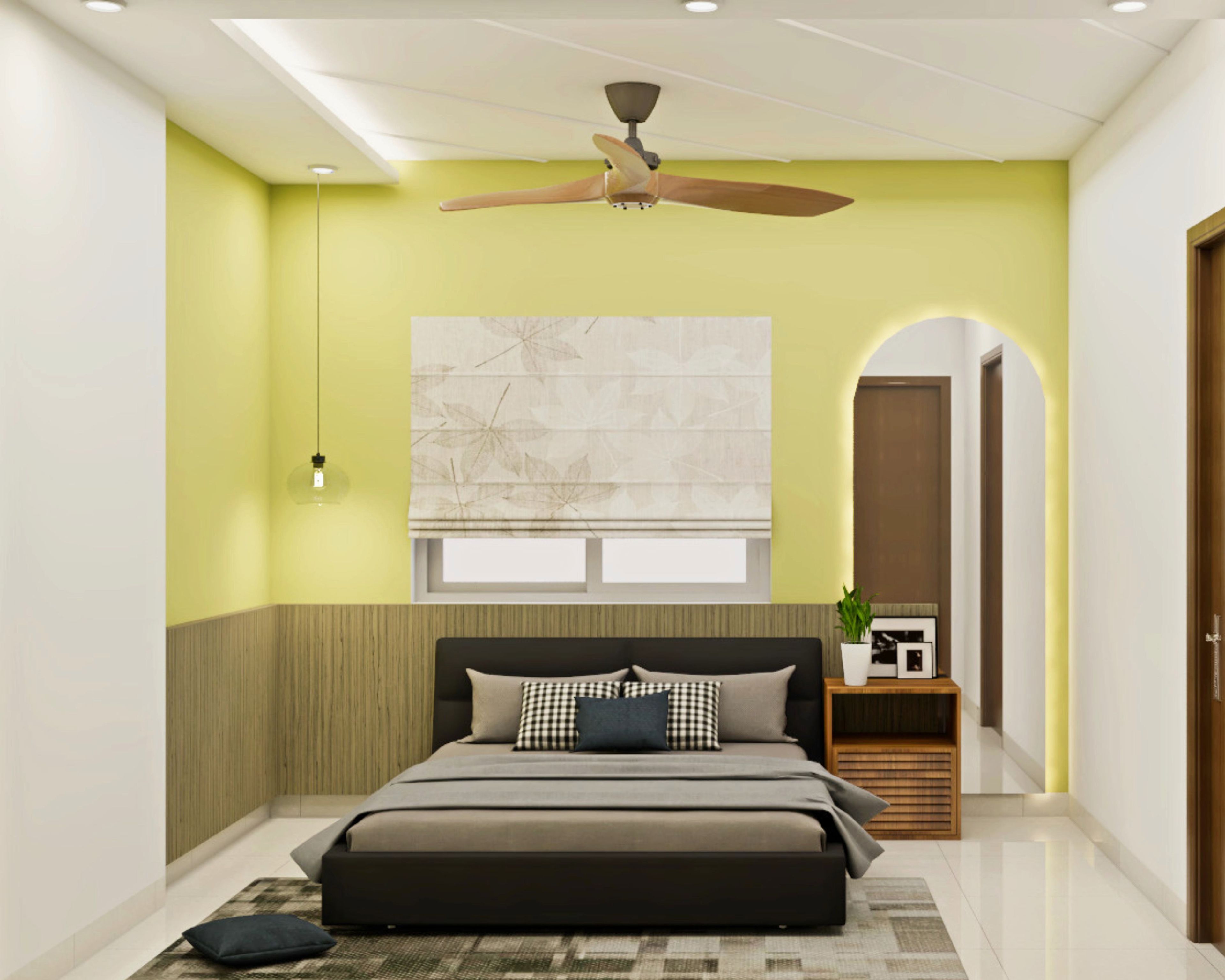 Spacious Master Bedroom Design With Lemon-Yellow Wall