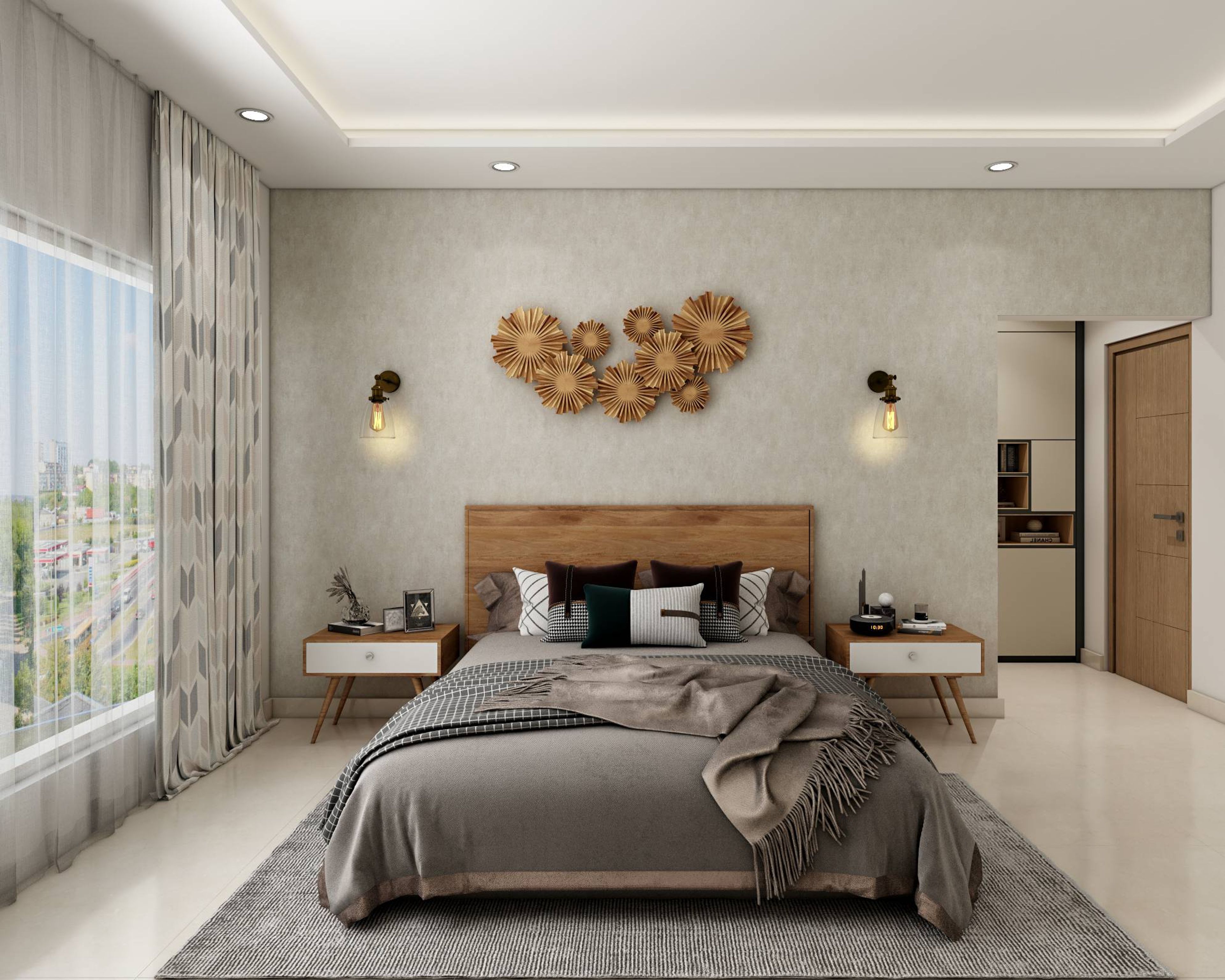 Grey Themed Master Bedroom Design With Brass Finishes And Grey Wall Paint