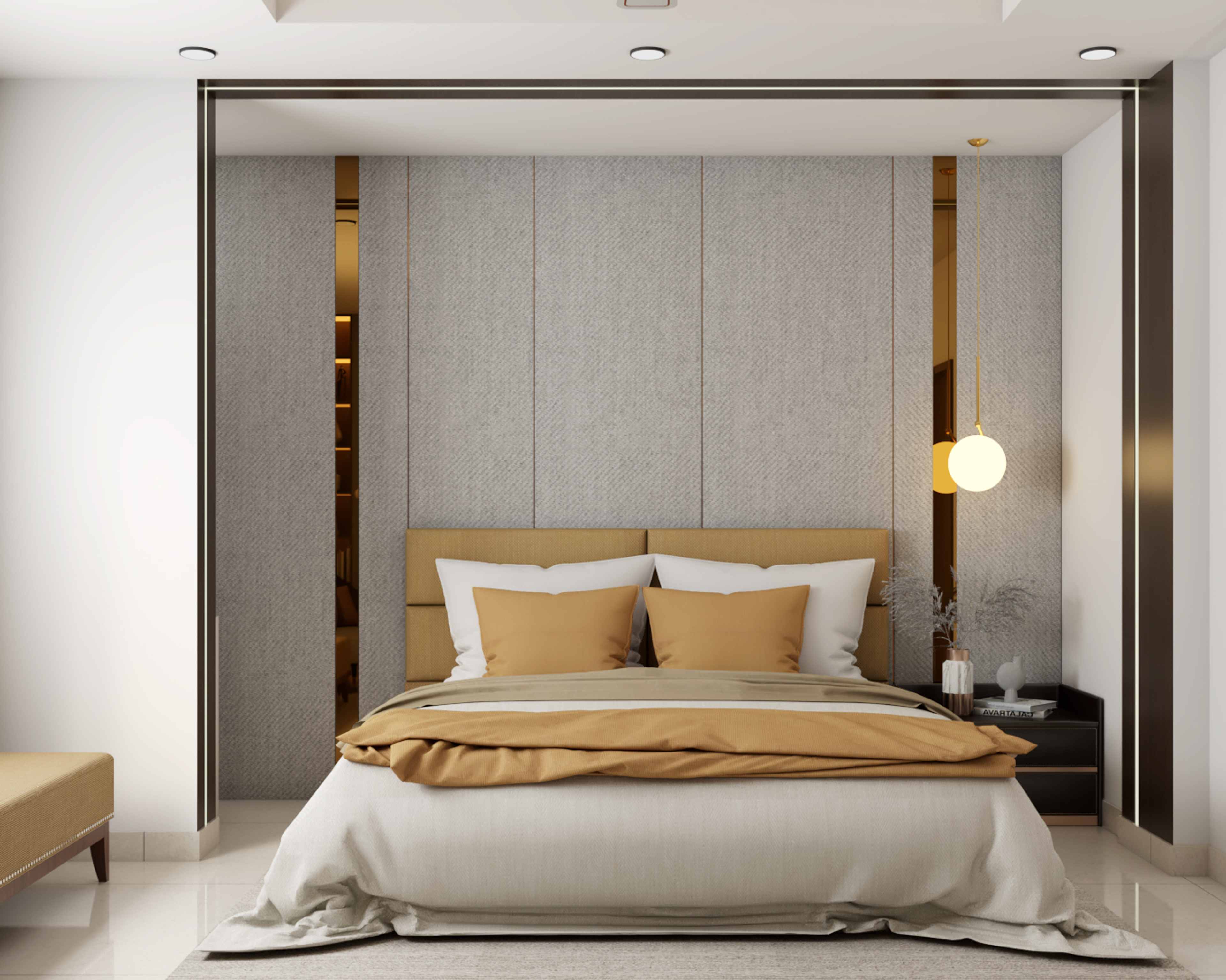 Modern Master Bedroom Design With Grey Fabric Headboard