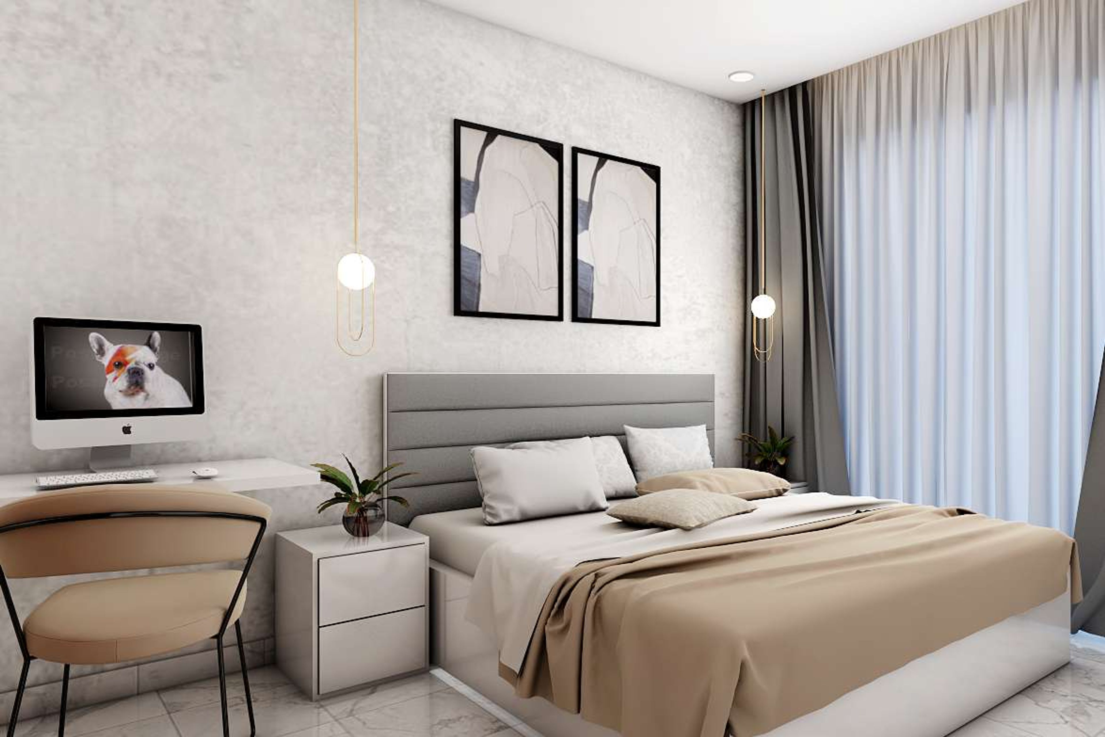 Neutral Modern Master Bedroom Design With Abstract Painting