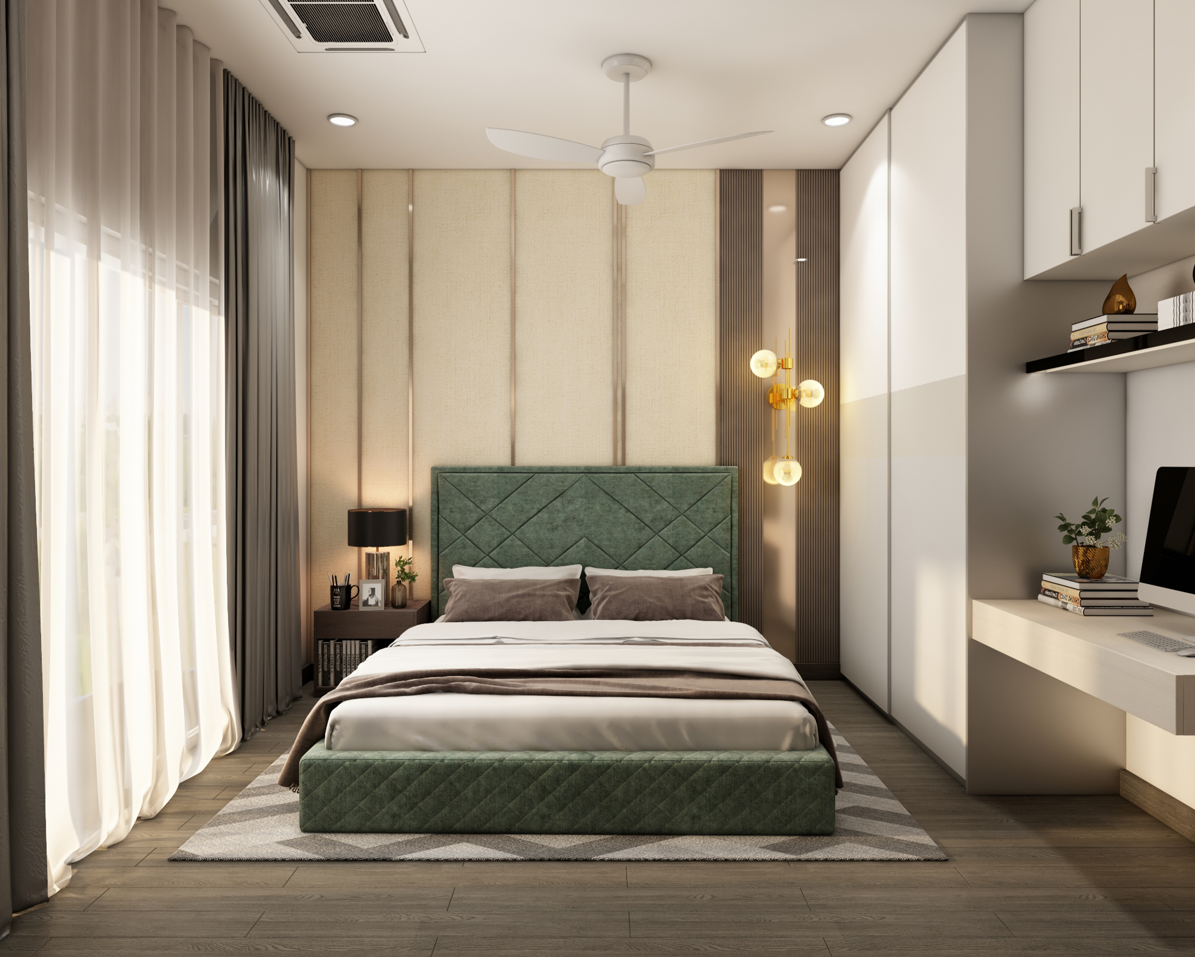 Spacious Master Bedroom Design With Green Headboard