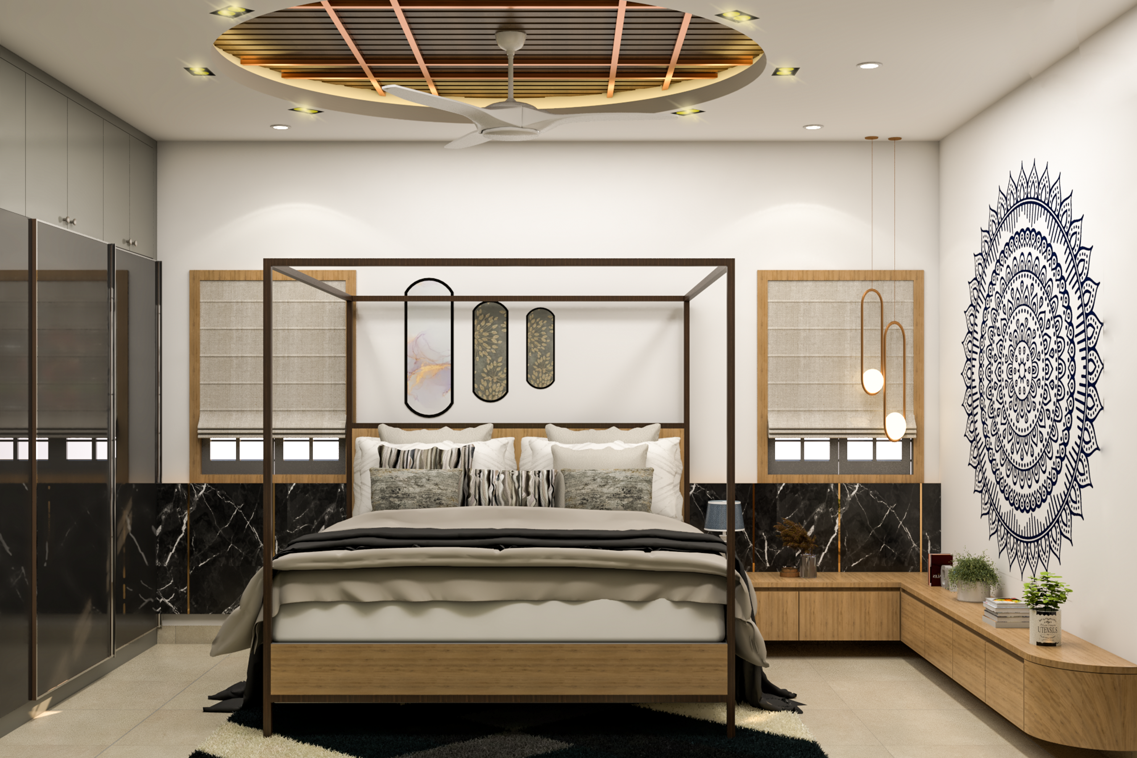 Traditional Style Spacious Master Bedroom Design With Wall Mandala