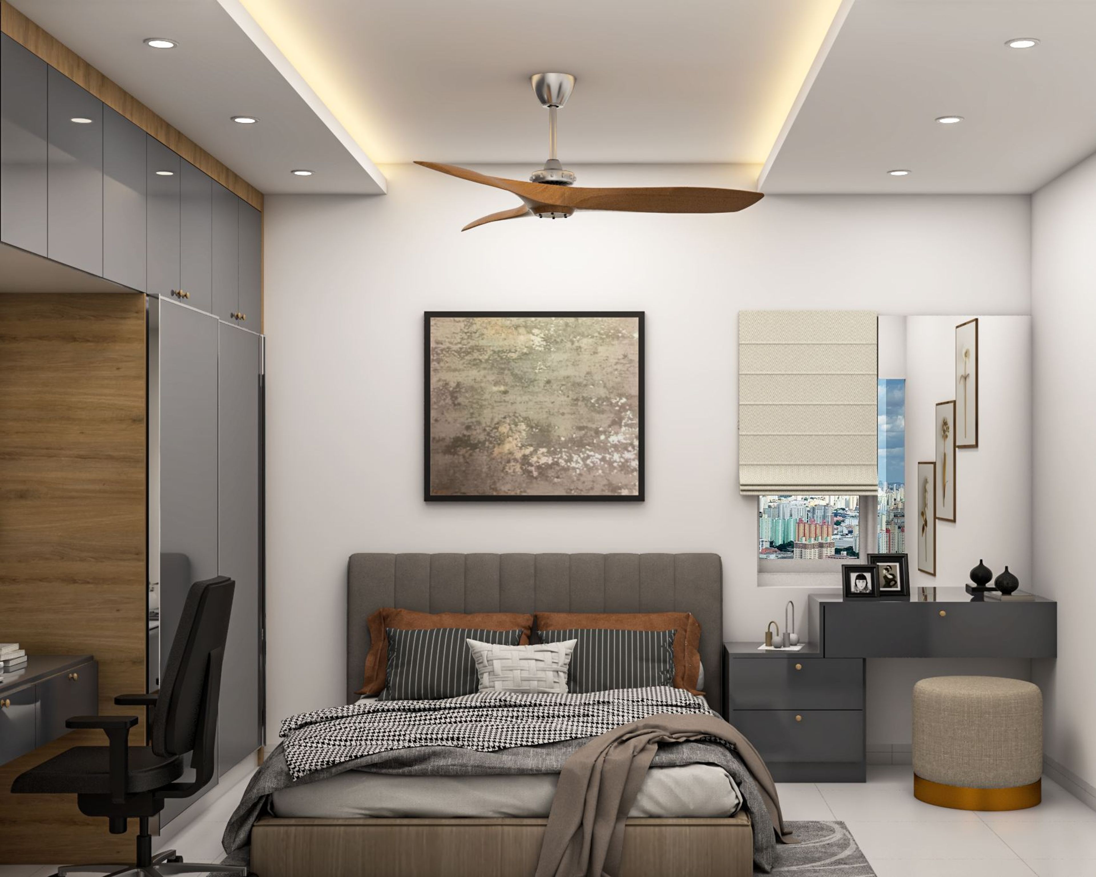 Modern Master Bedroom Design With Grey Shutter Wardrobe
