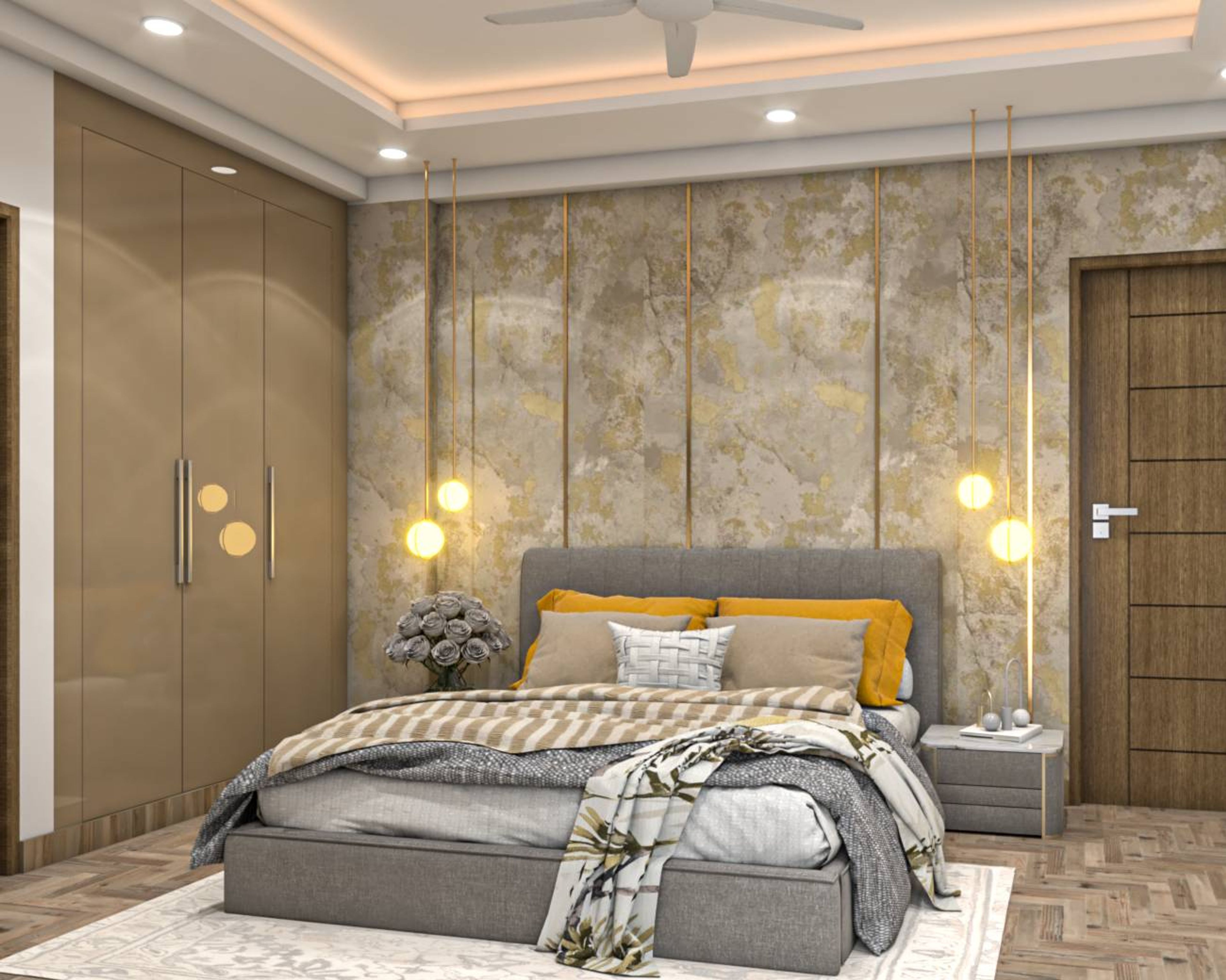 Modern Master Bedroom Design With Golden Wall Trims