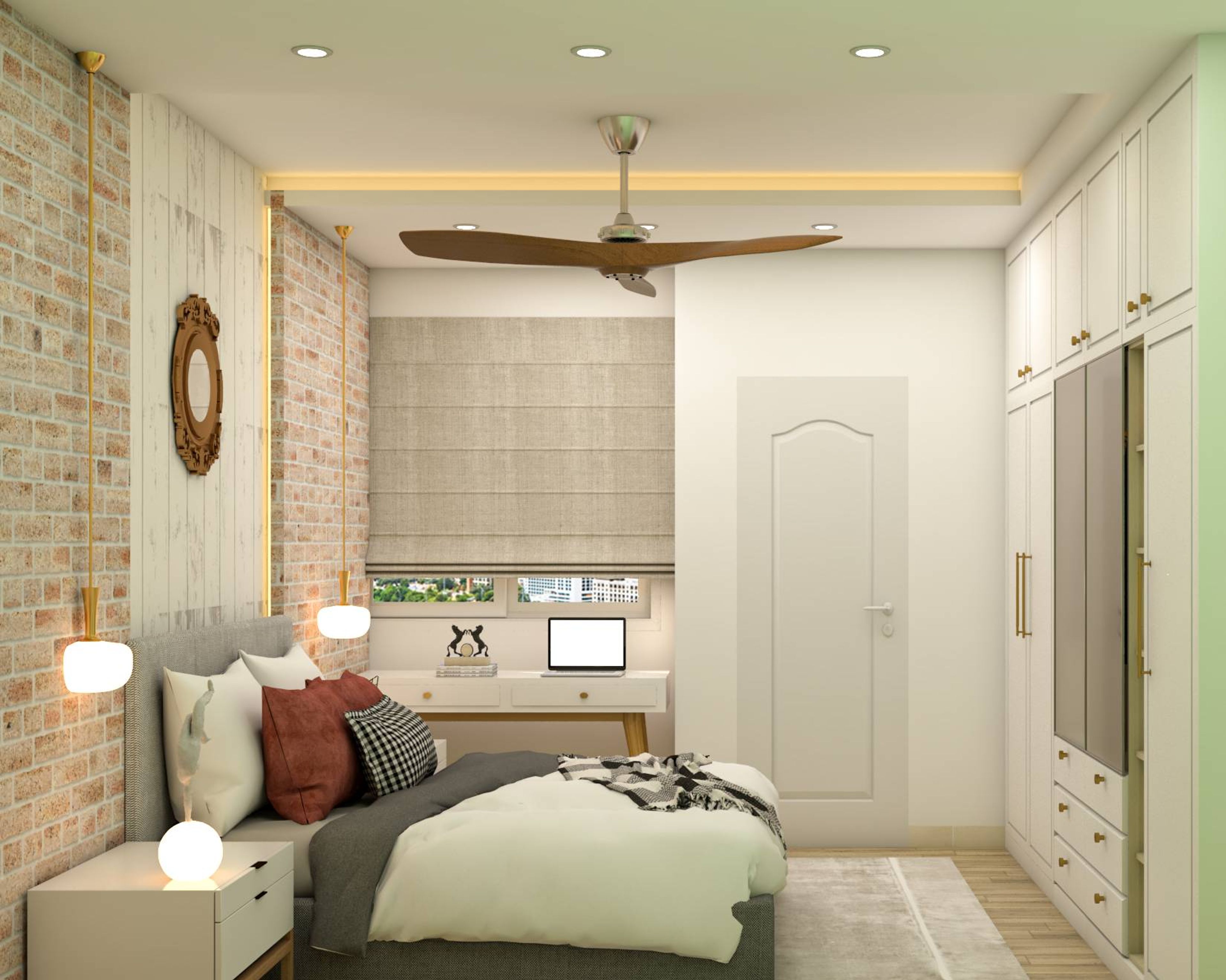 Modern Bedroom Design With Red Brick Accent Wall And Antique Mirror