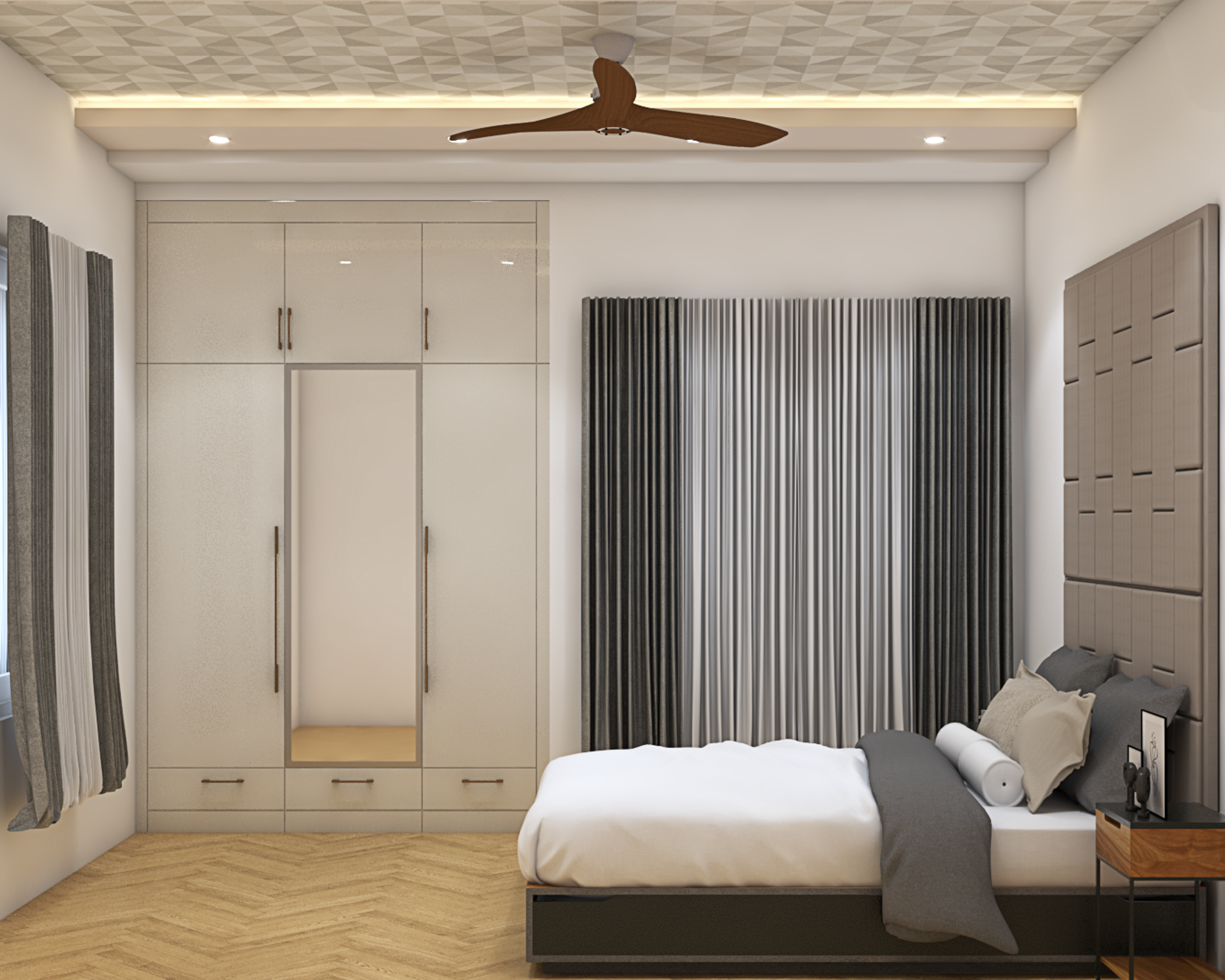 Modern Compact Master Bedroom Design With Chevron Patterned Flooring