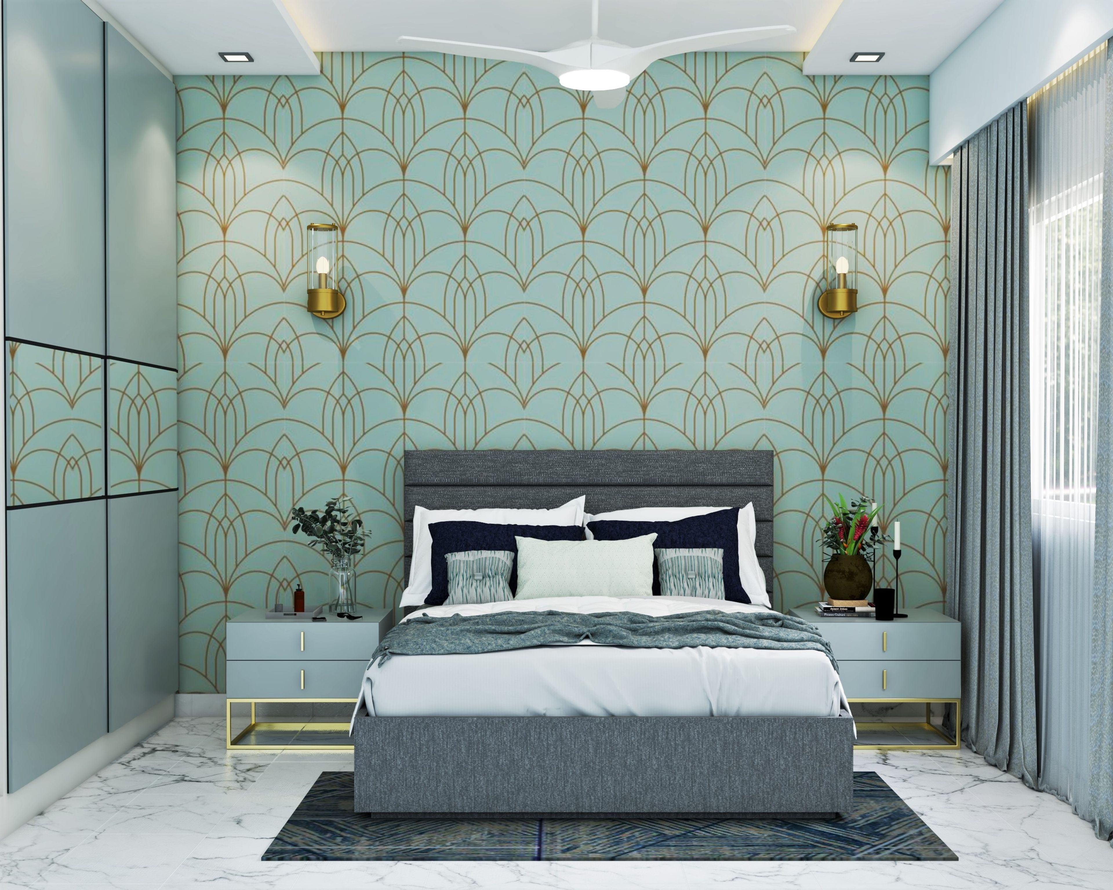 Contemporary Compact Master Bedroom Design With Printed Wallpaper