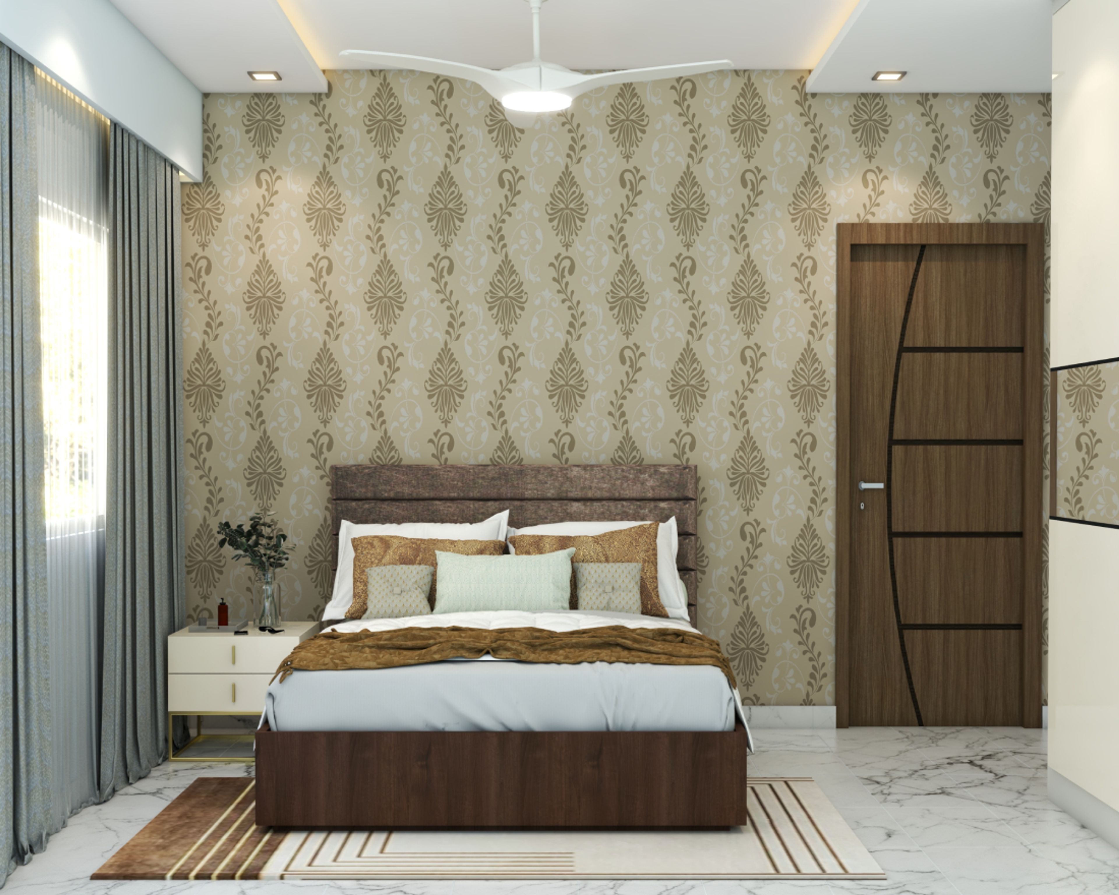 Modern Warm Master Bedroom Design With Patterned Wall