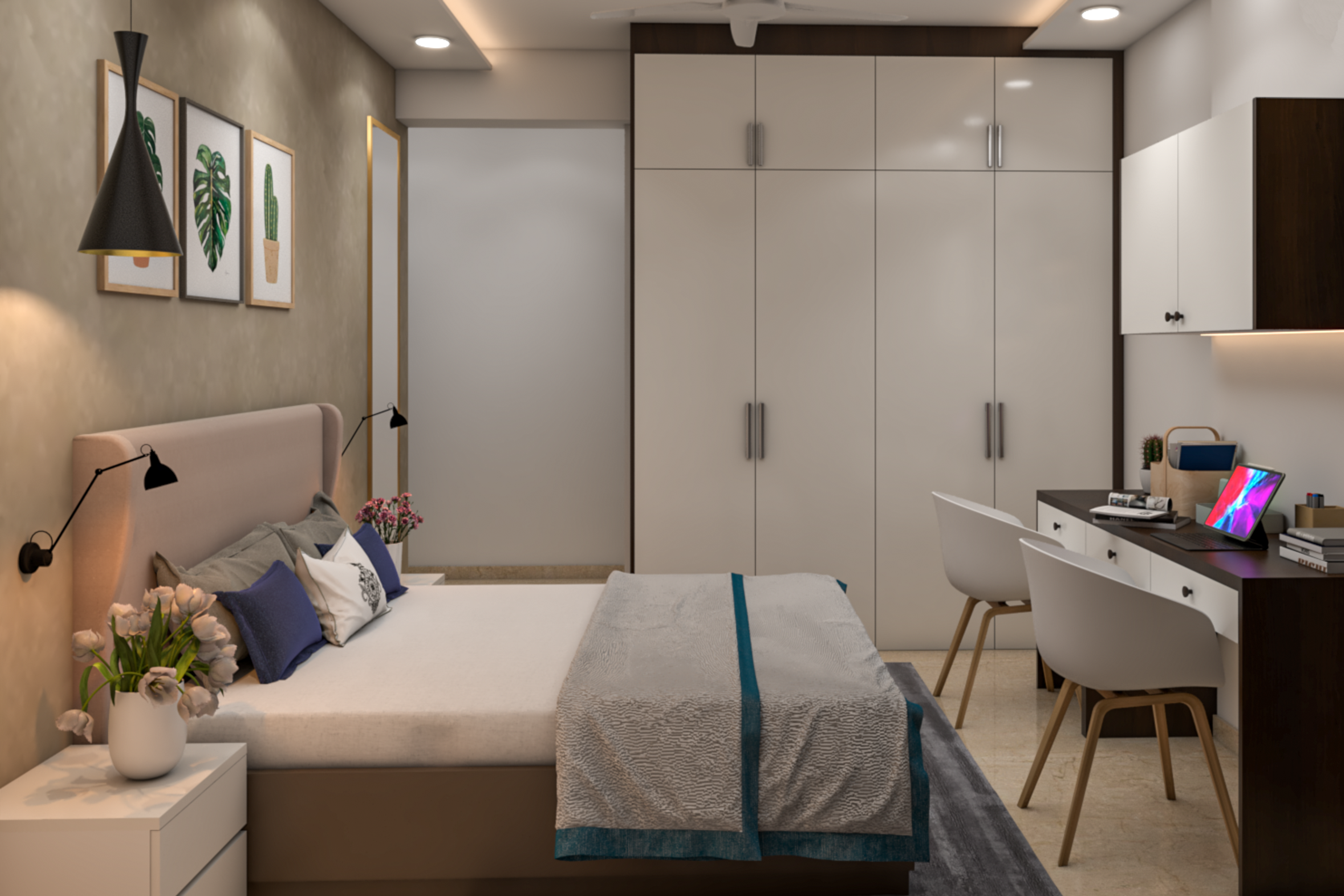 Modern Compact Master Bedroom Design With Beige Textured Wall