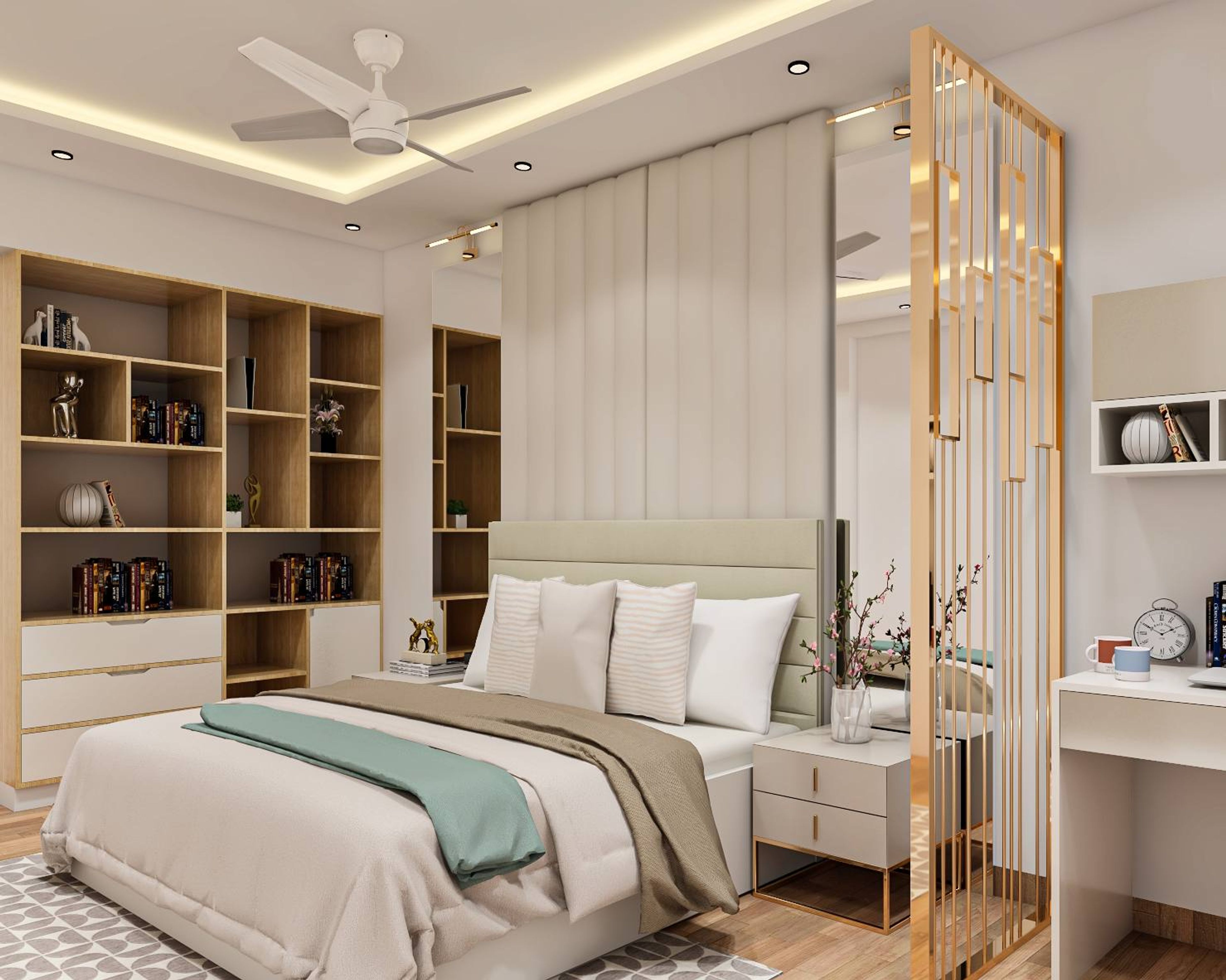 Off White Contemporary Master Bedroom Design With Metallic Detailing