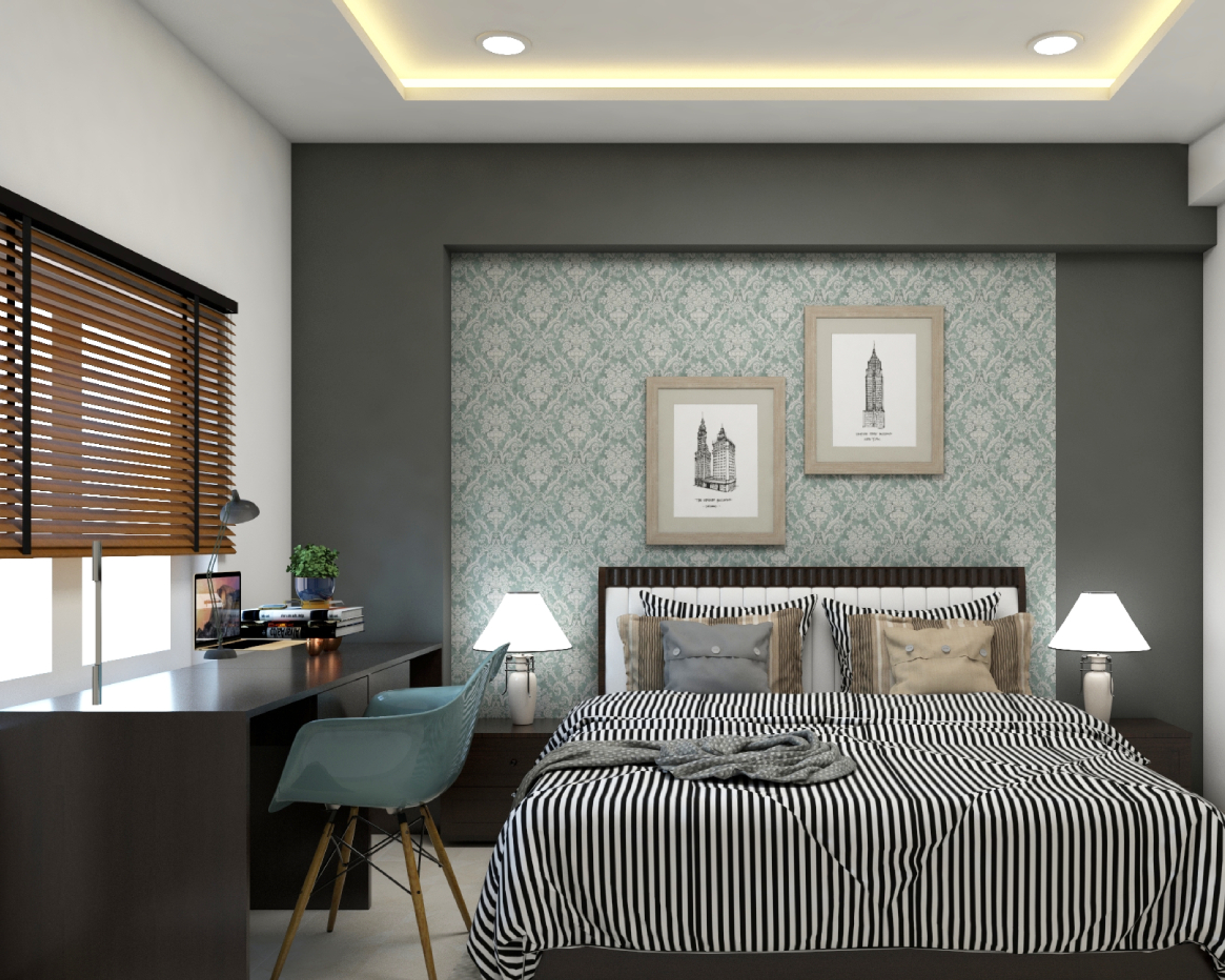 Contemporary Grey Finish Master Bedroom Design With Eccentric Decor