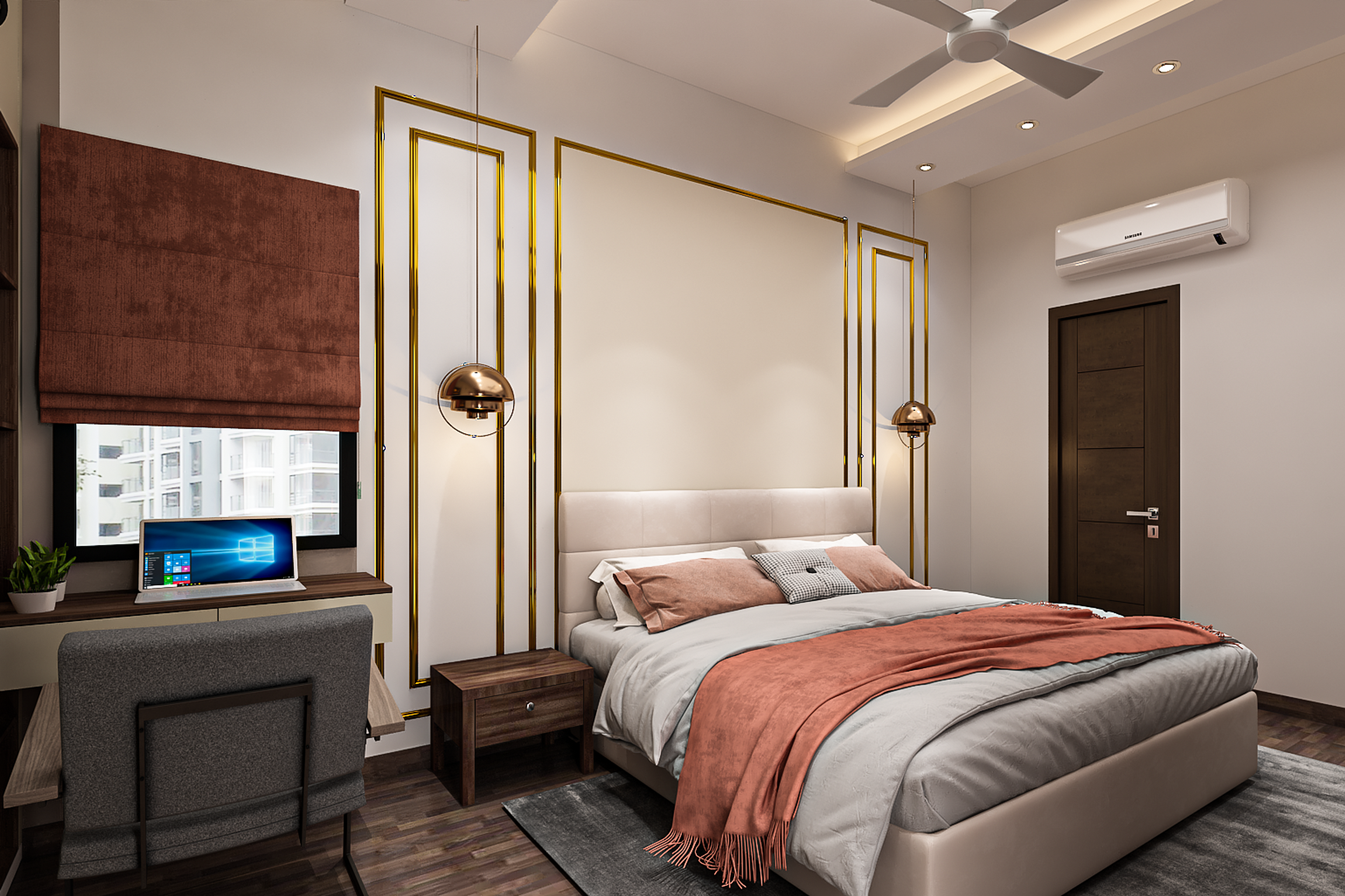 Compact White Master Bedroom Design With Golden Trims And Study Table
