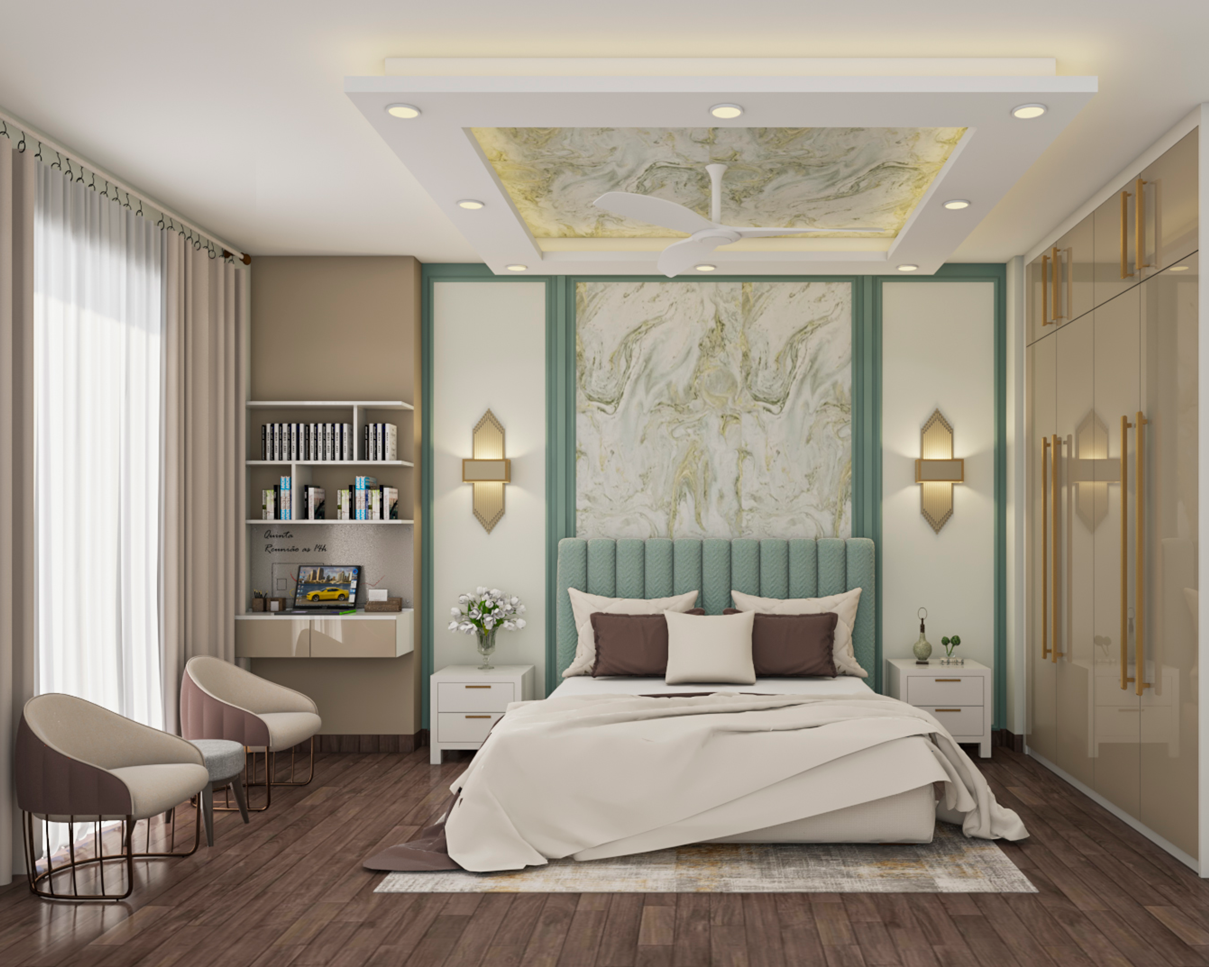 Contemporary Master Bedroom Design With A White Marble-splash Wall And Study Table
