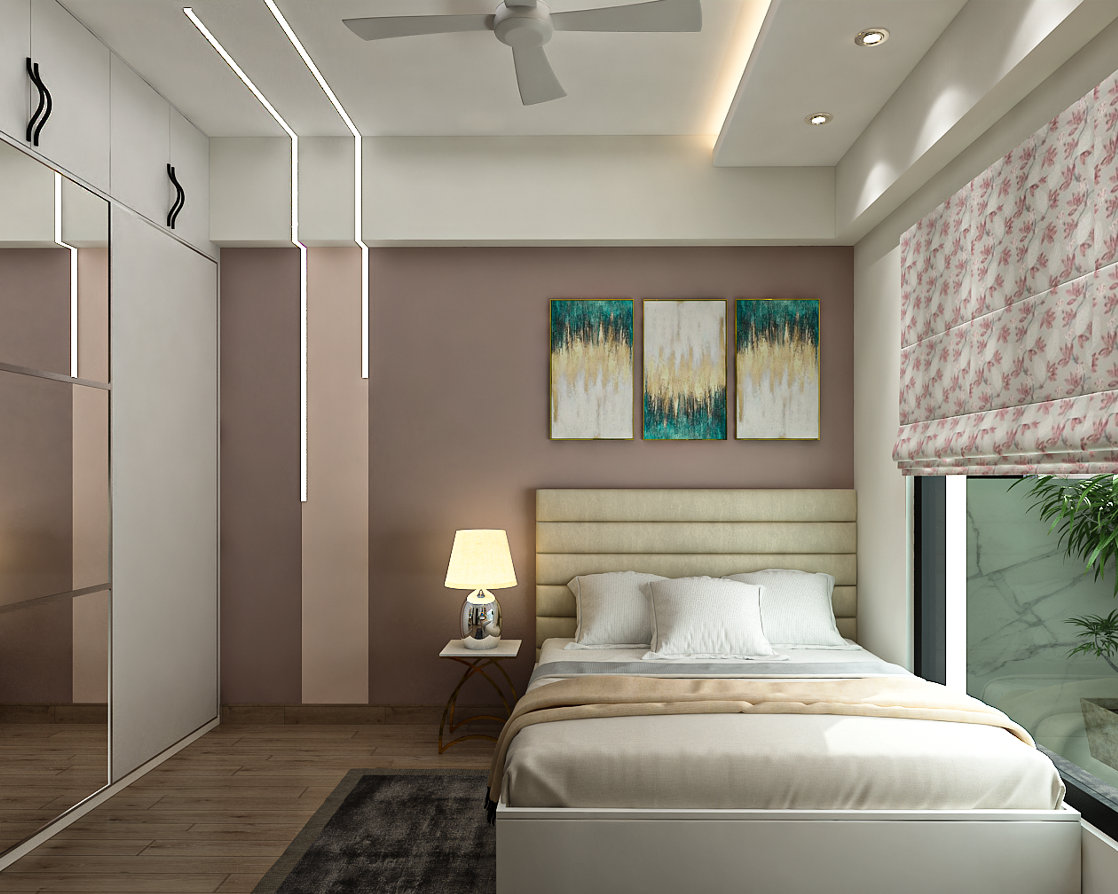 Contemporary Master Bedroom Design With Rose Gold Accent Wall