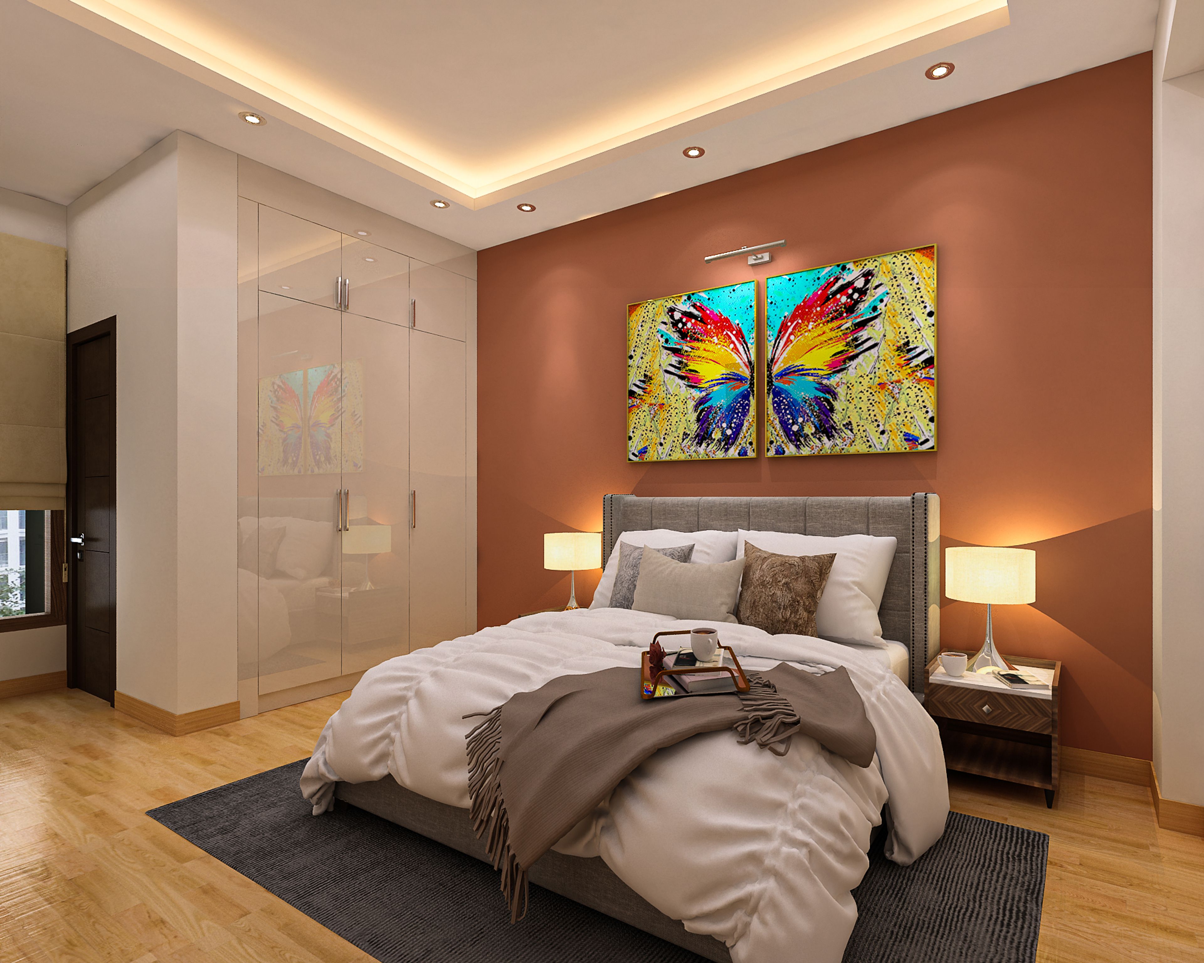 Minimal Master Bedroom Design With Dark Brown Wall And Wooden Flooring