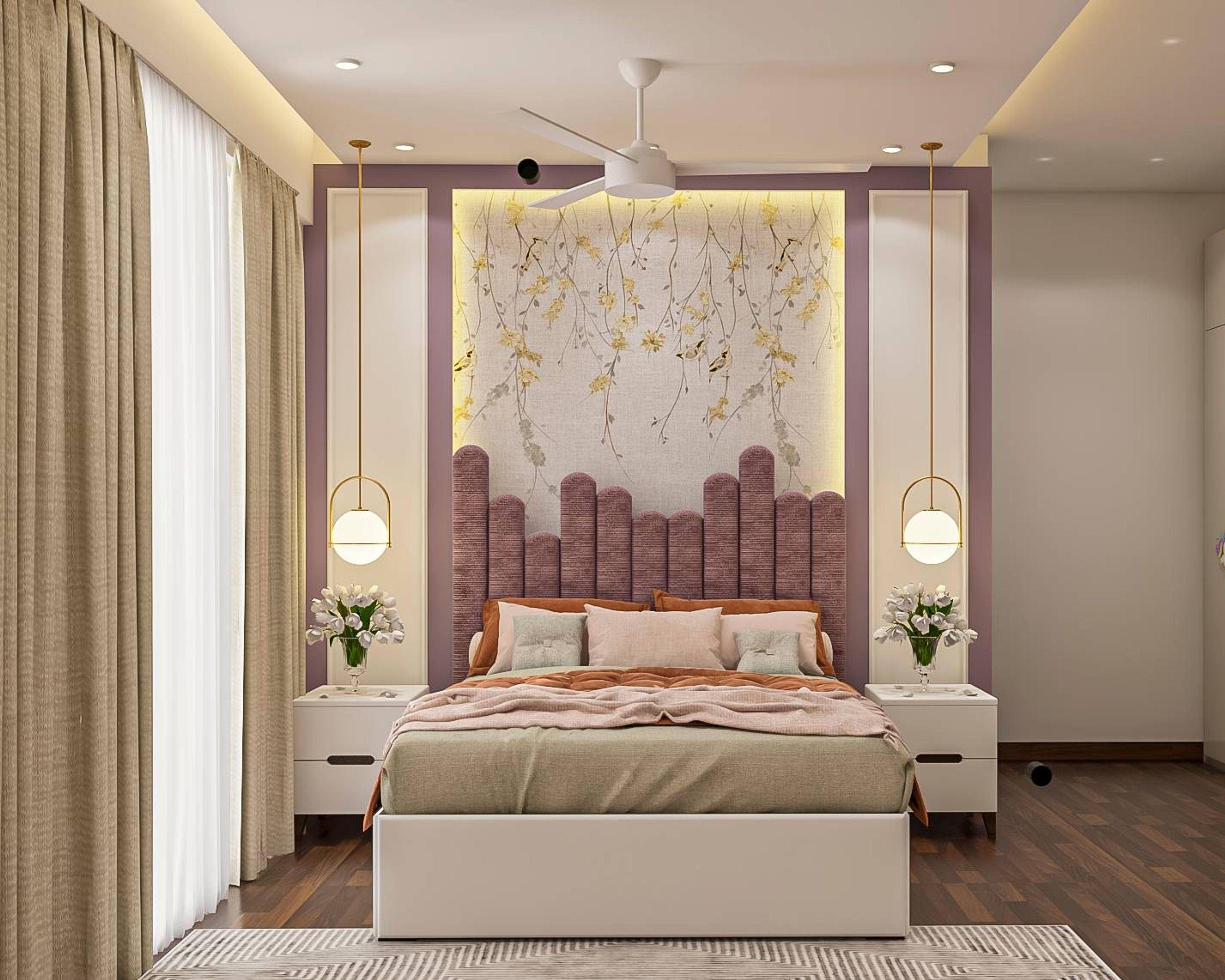 Contemporary Compact Sized Master Bedroom Design With Floral Wallpaper