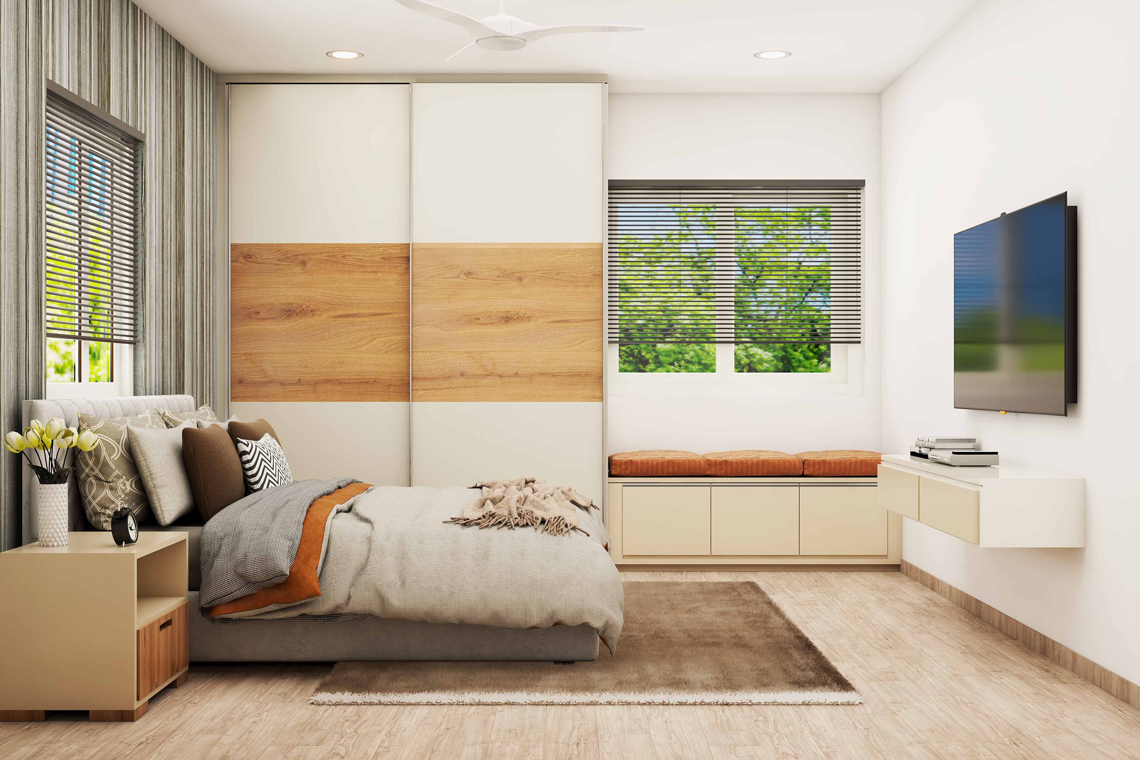 Spacious Master Bedroom Design With Wall-Mounted TV Unit