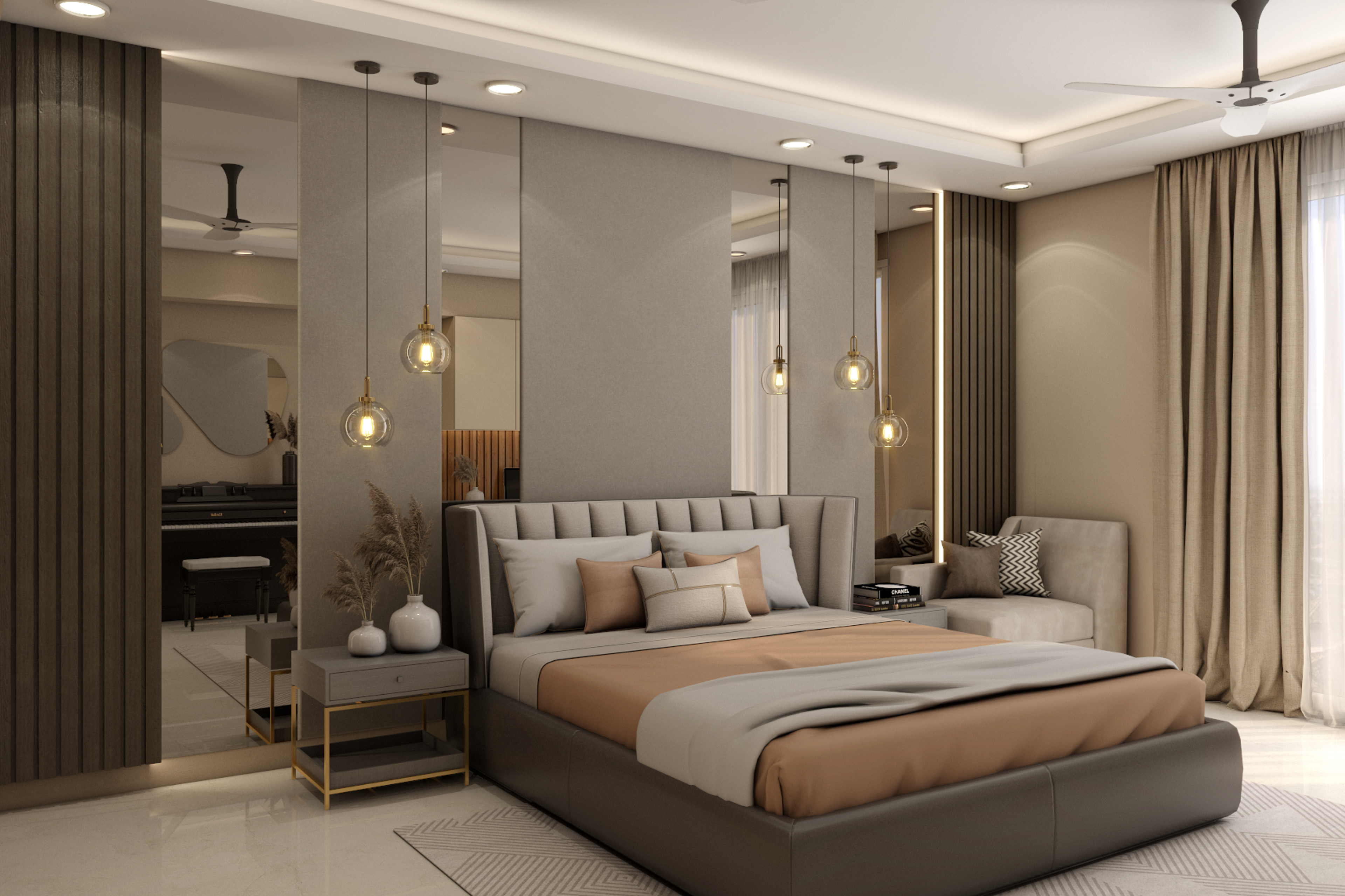 Contemporary Master Bedroom Design With Grey Bed And Mirrored Accent Wall