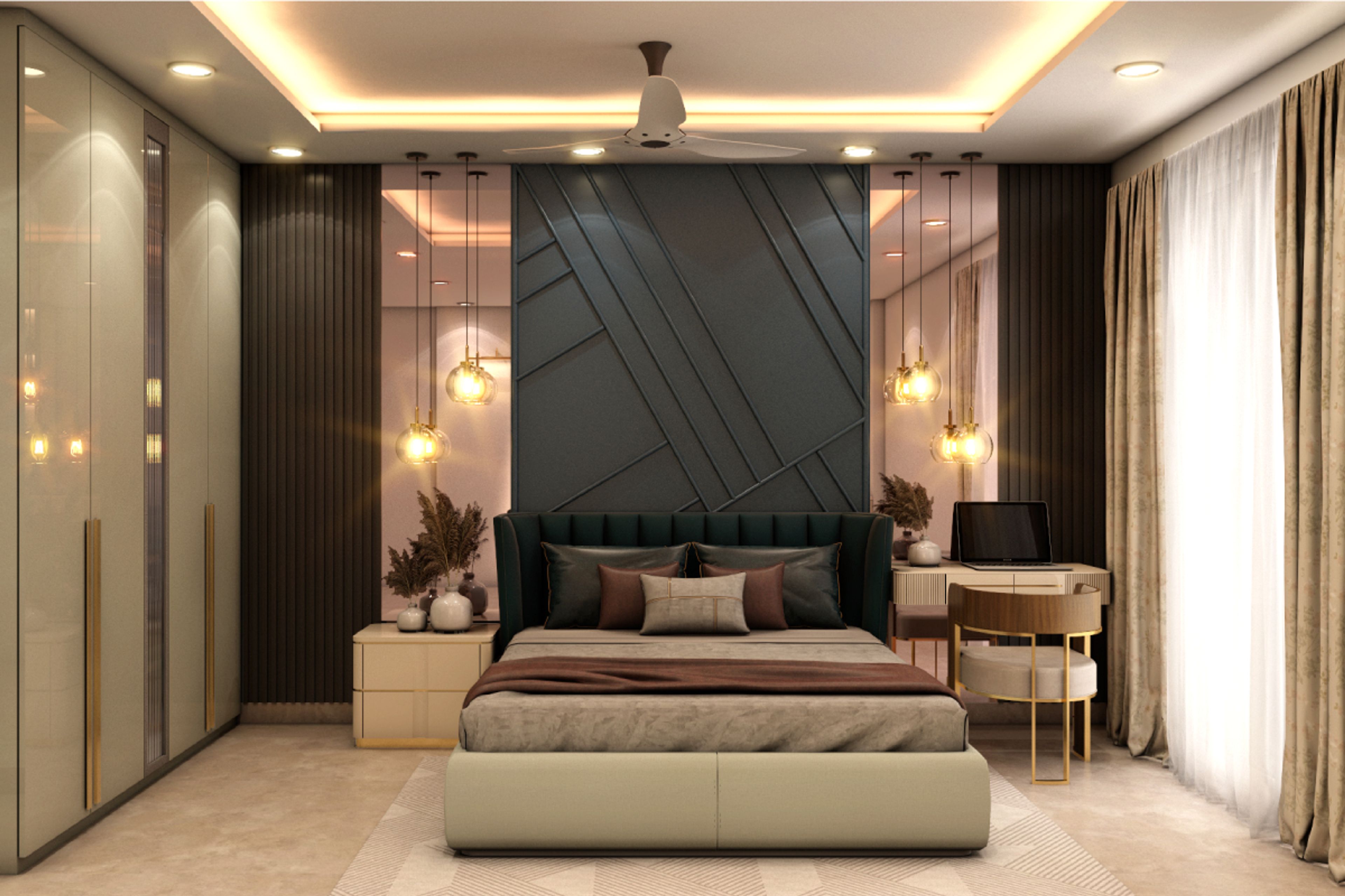 Spacious Master Bedroom Design With Glossy Green Wardrobe