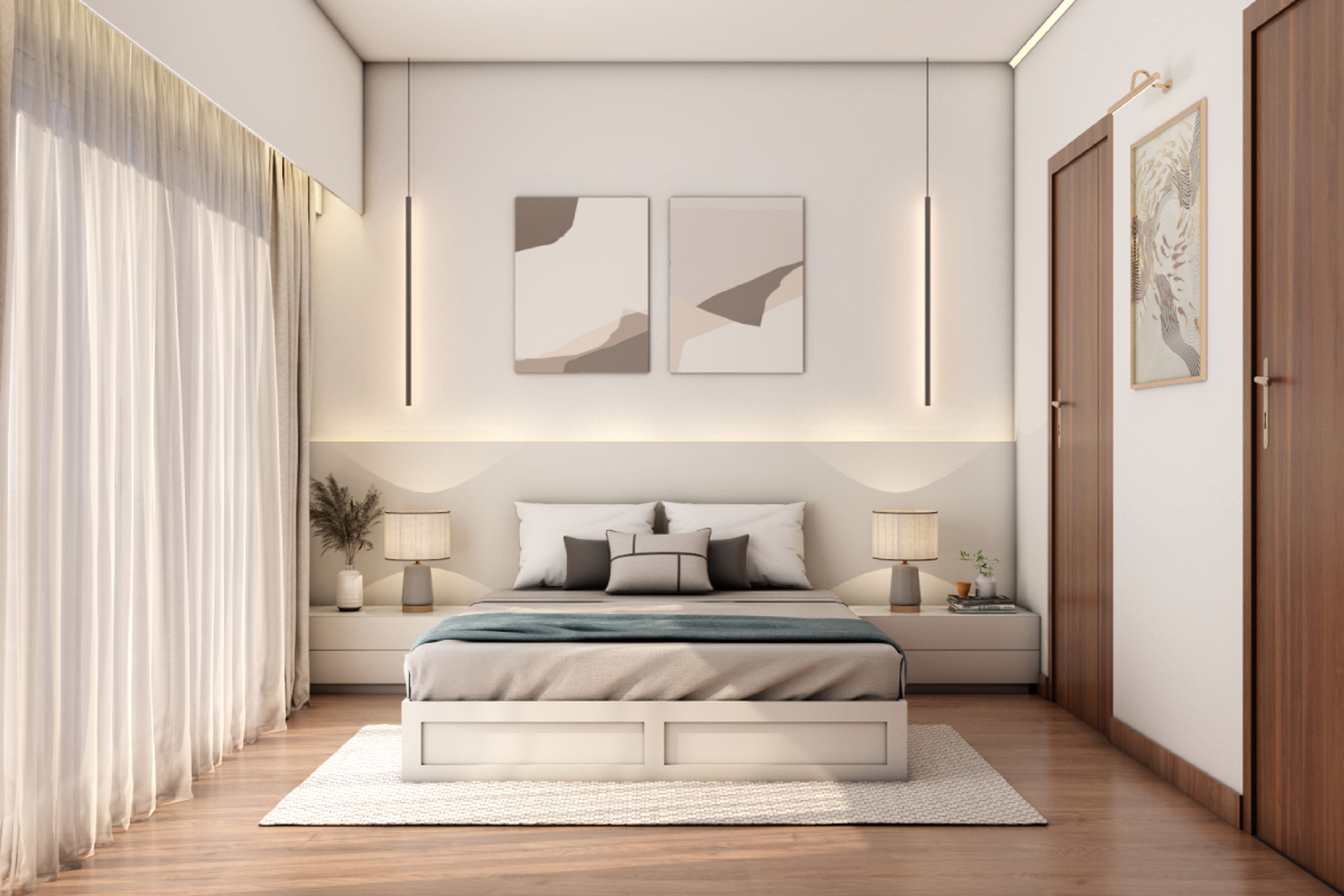 White Modern Master Bedroom Design With Wooden Flooring