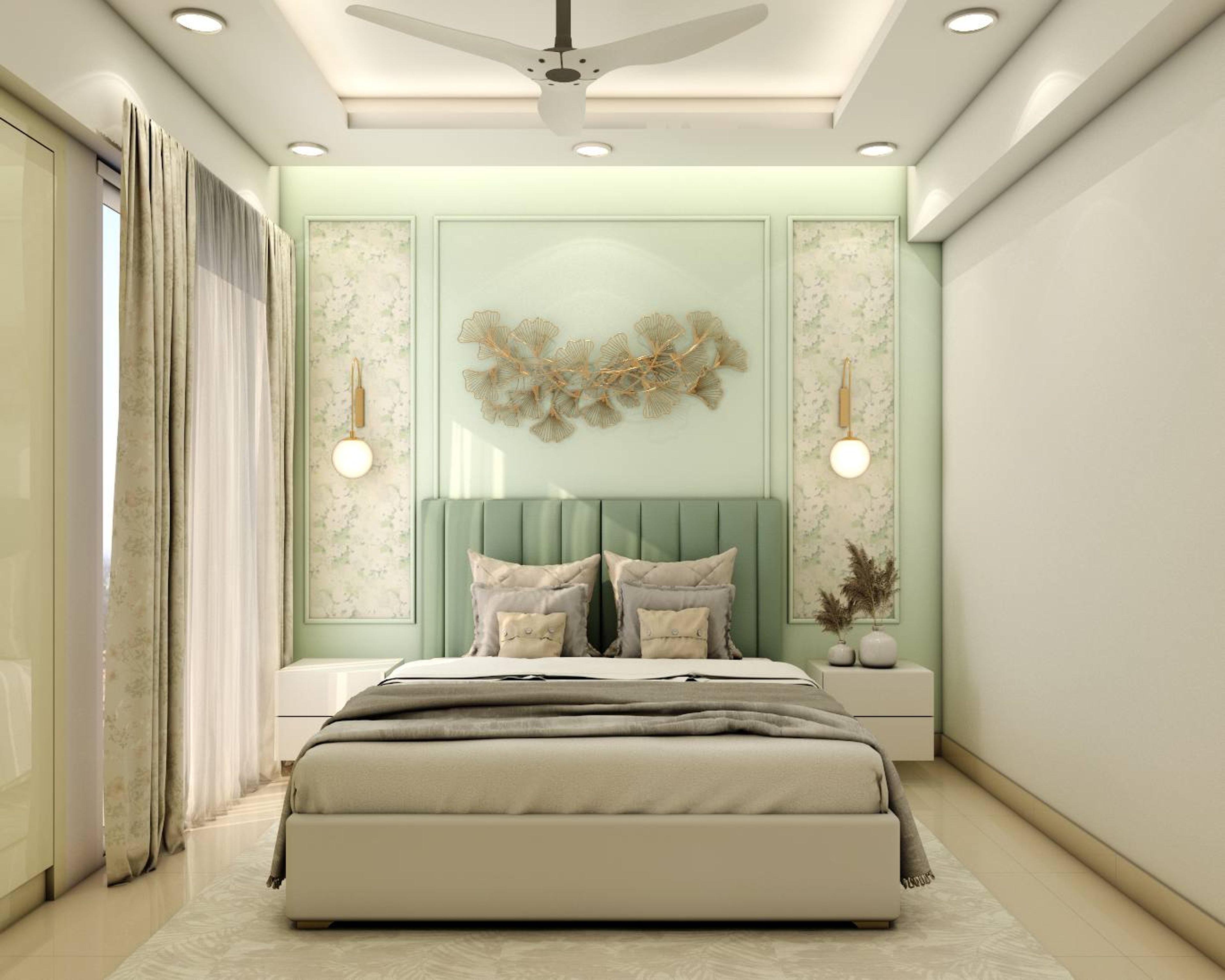 Pastel Green Contemporary Master Bedroom Design With Wall Trims
