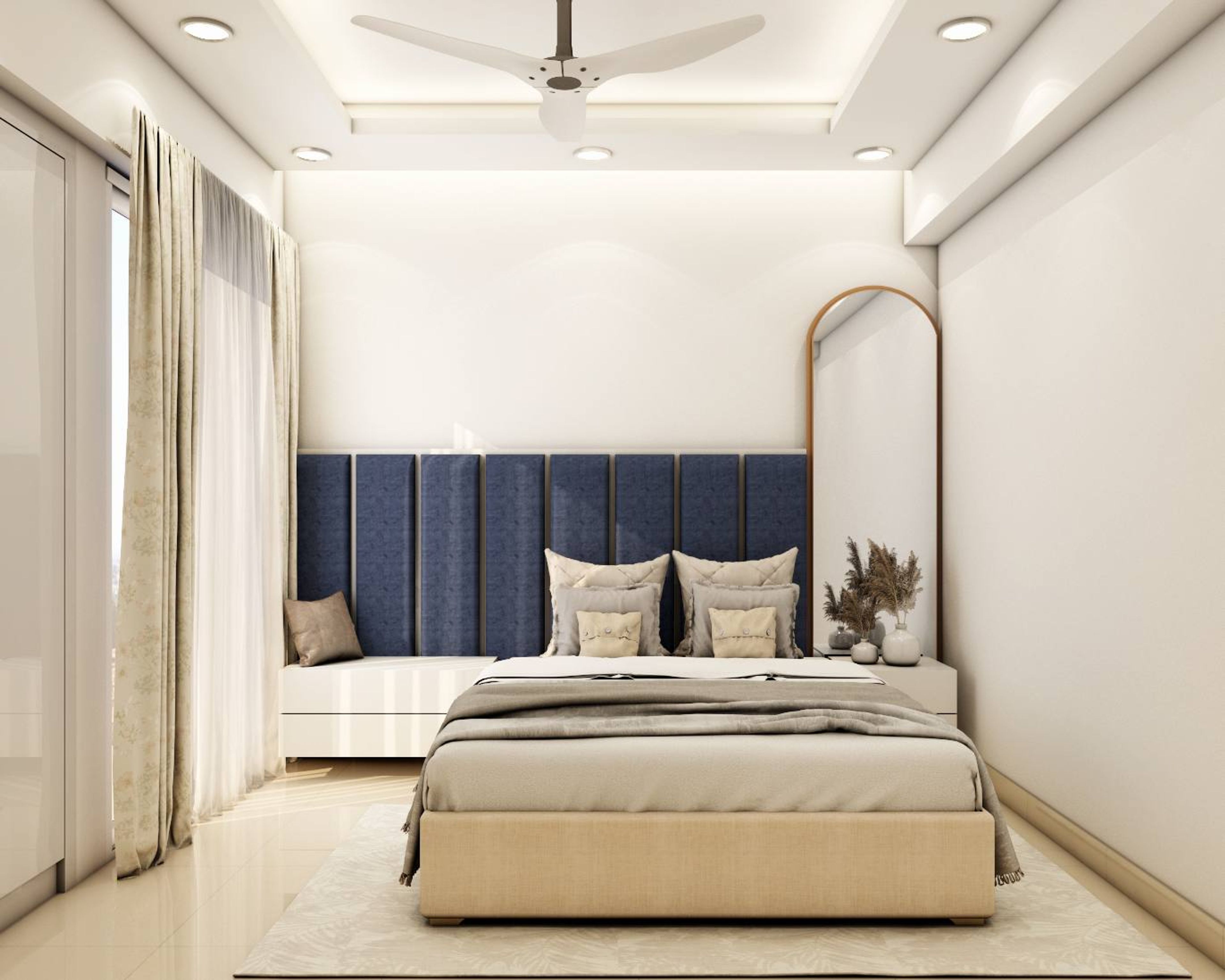 Contemporary Master Bedroom Design With Blue Headboard