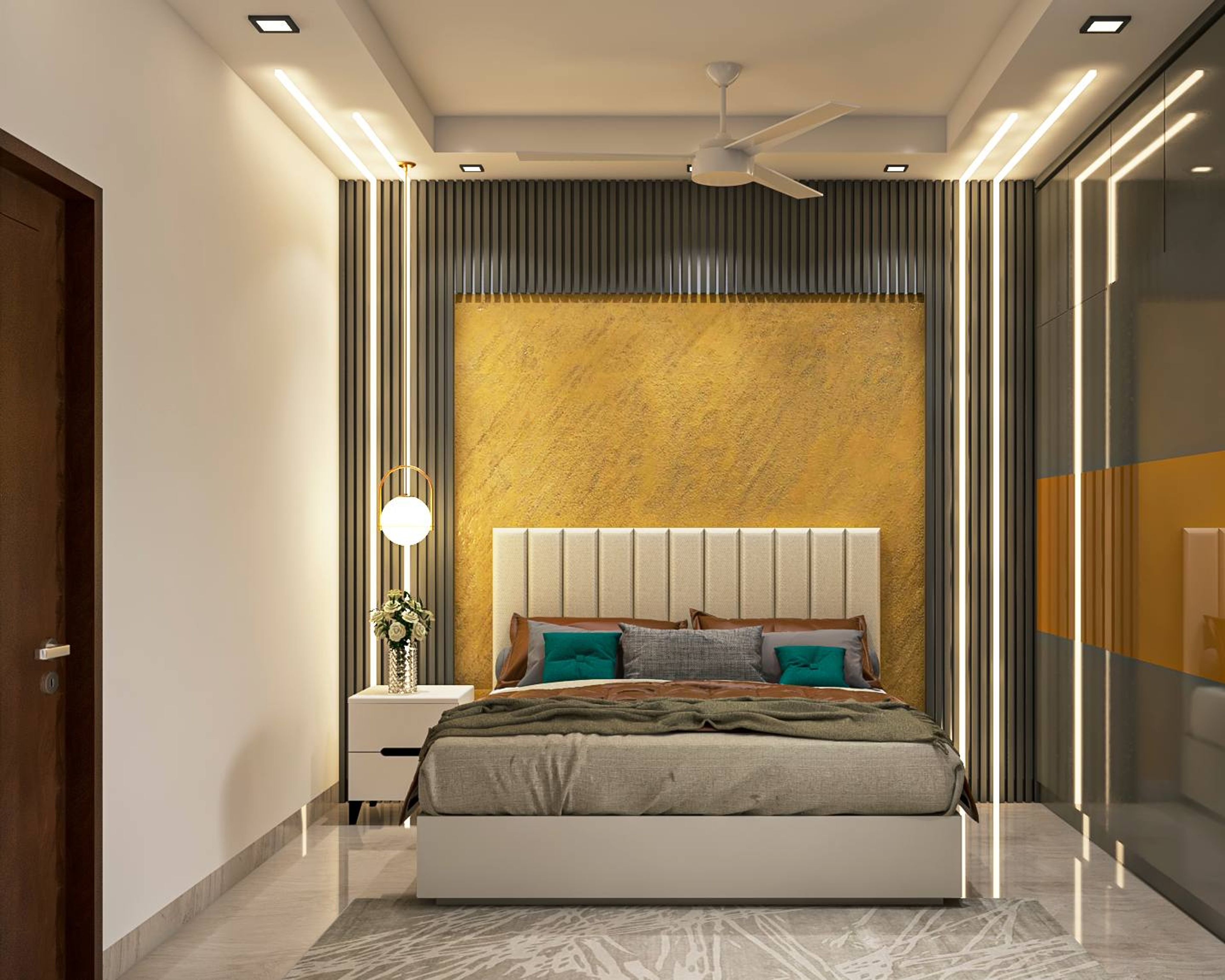 Modern Master Bedroom Design With Golden Wall Texture