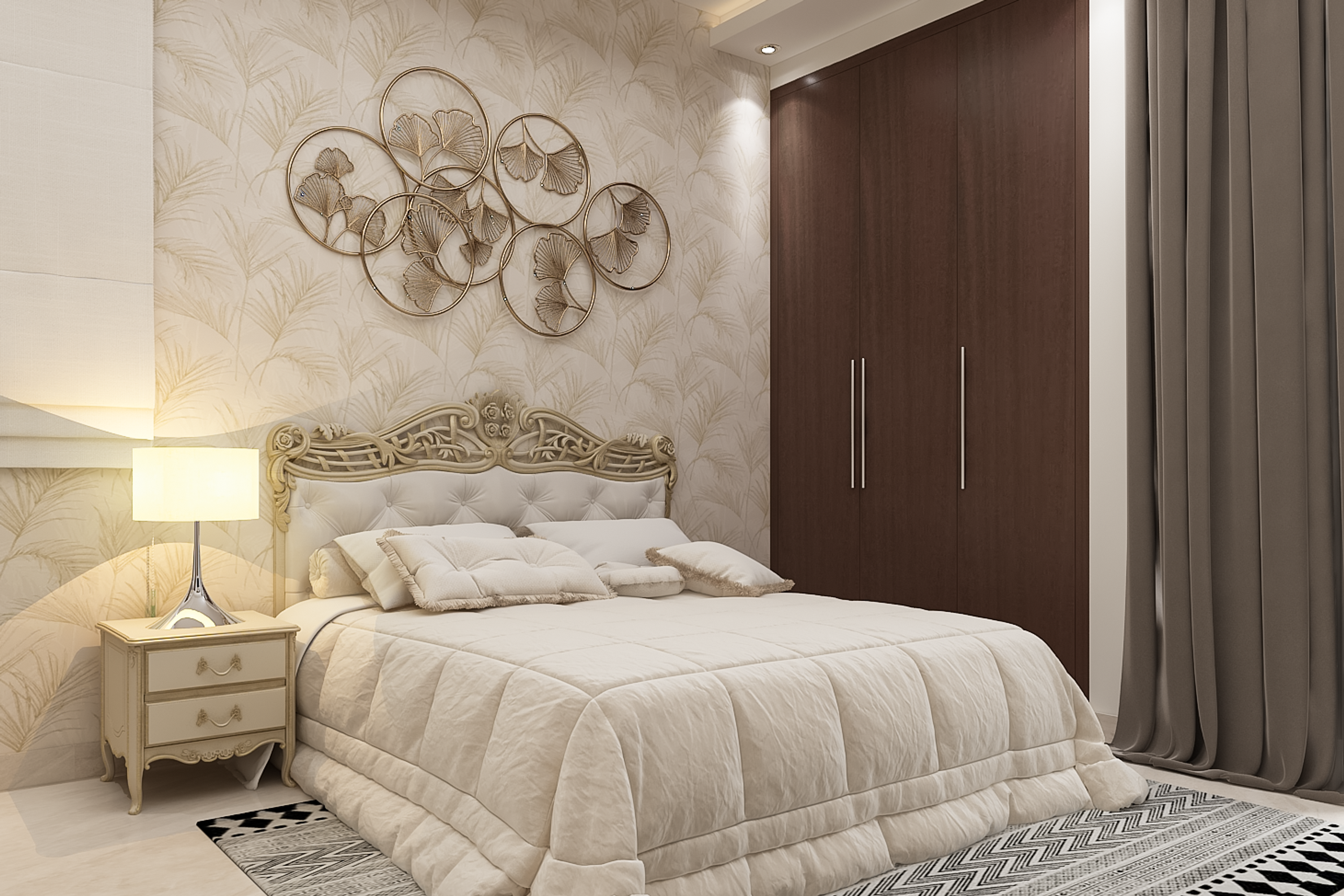 Traditional Convenient Master Bedroom Design With Beige Tones