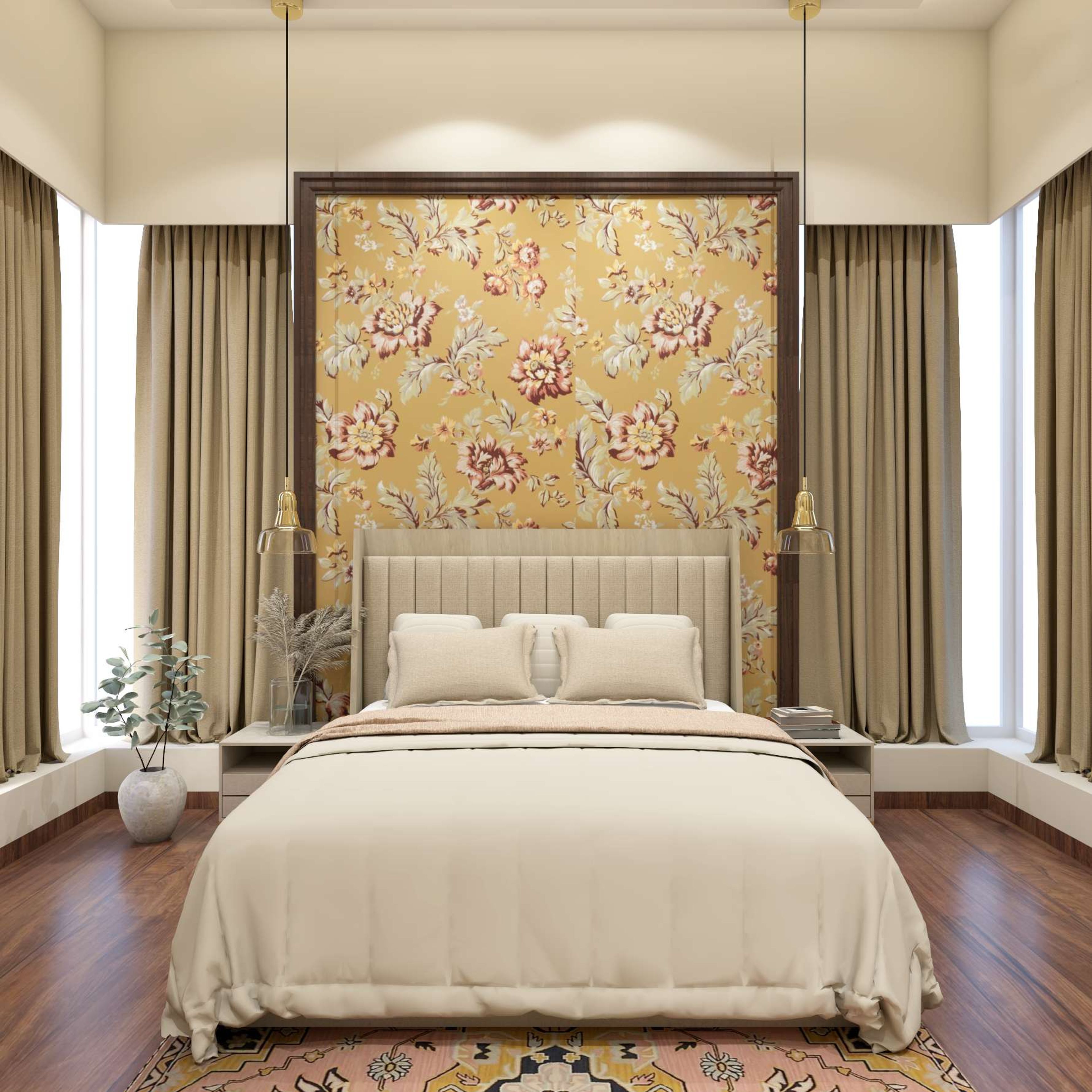 Modern Master Bedroom Design With Mustard Wallpaper