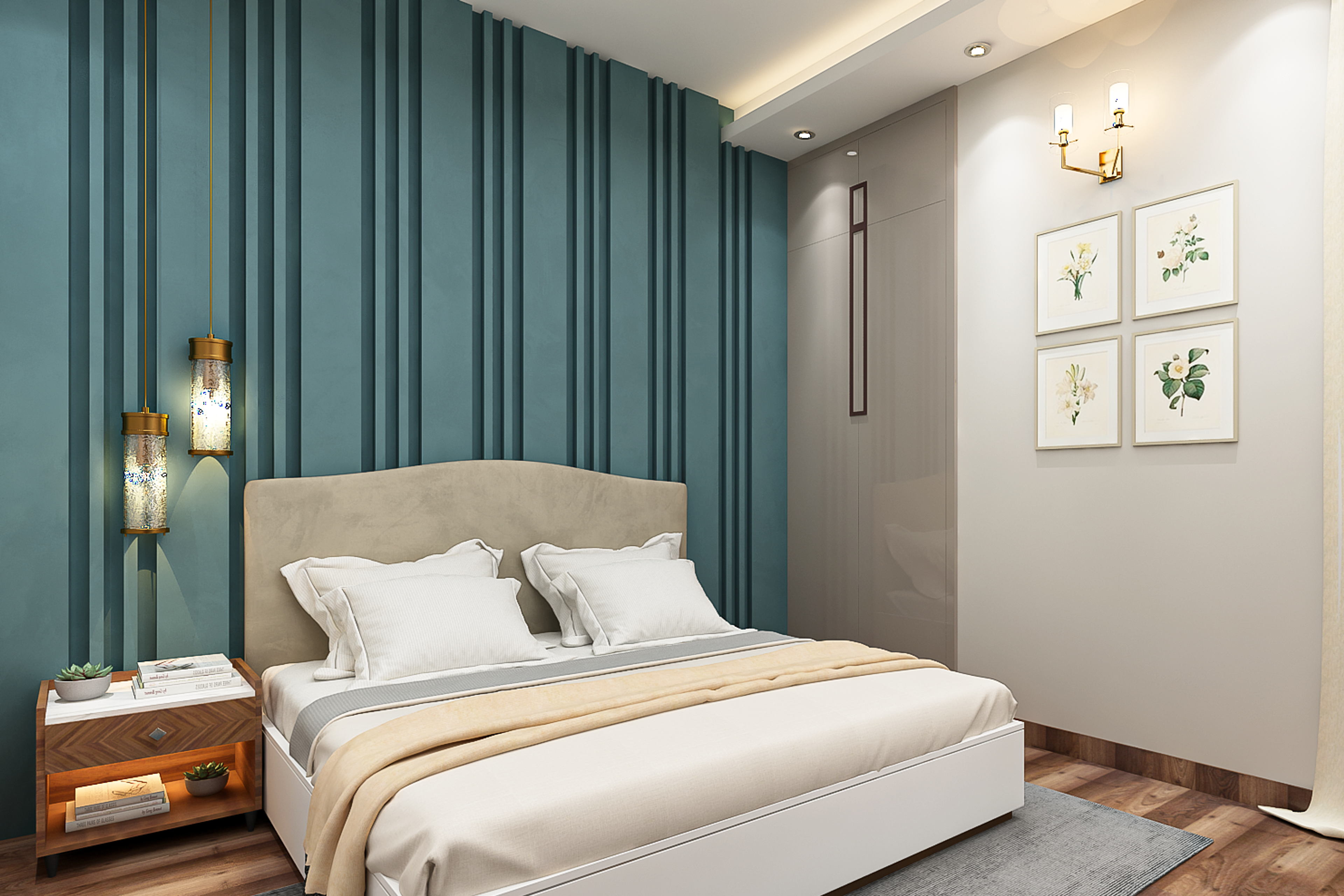 Spacious Master Bedroom Design With Blue Accent Wall