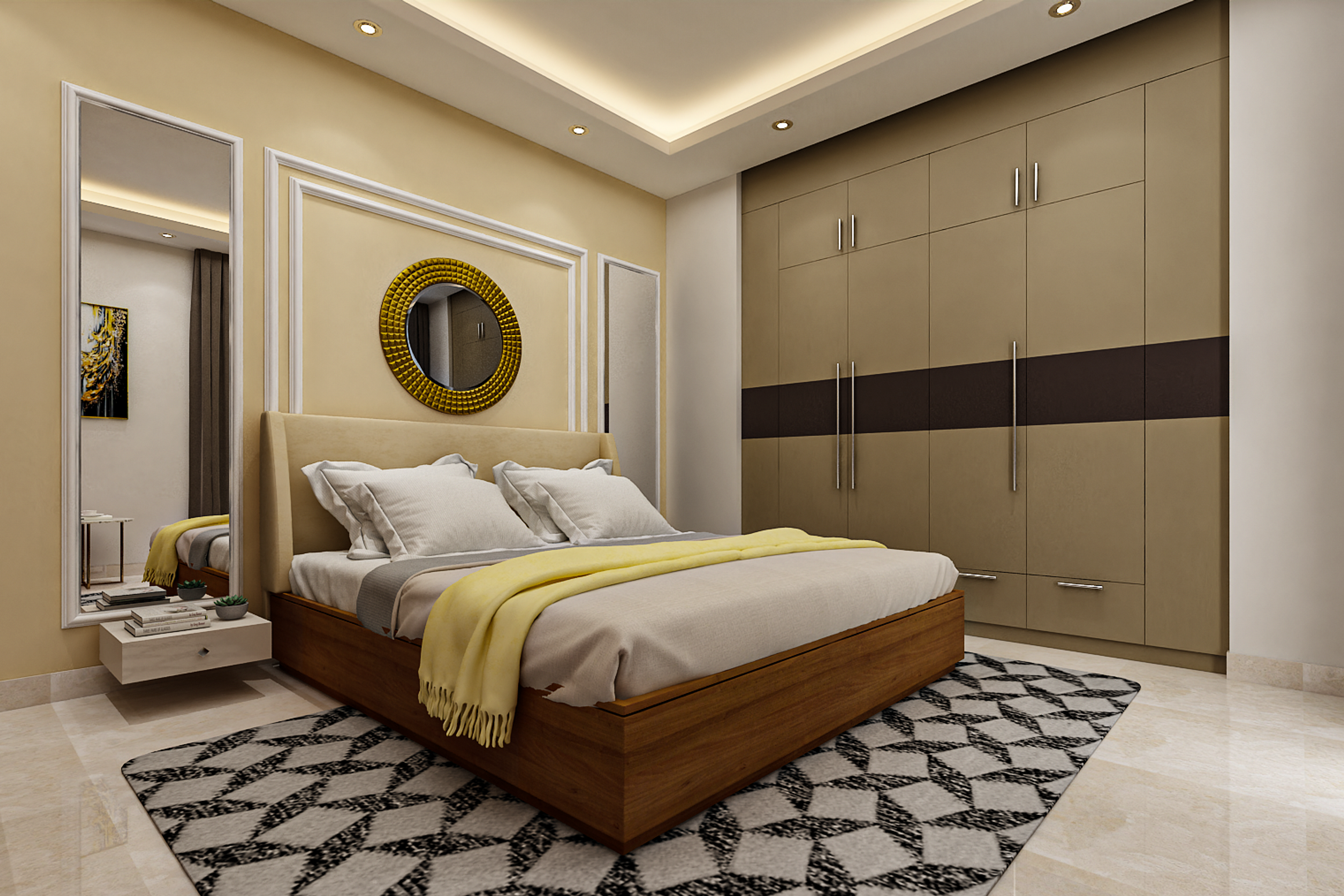 Modern Beige-Toned Master Bedroom Design With Circular Mirror