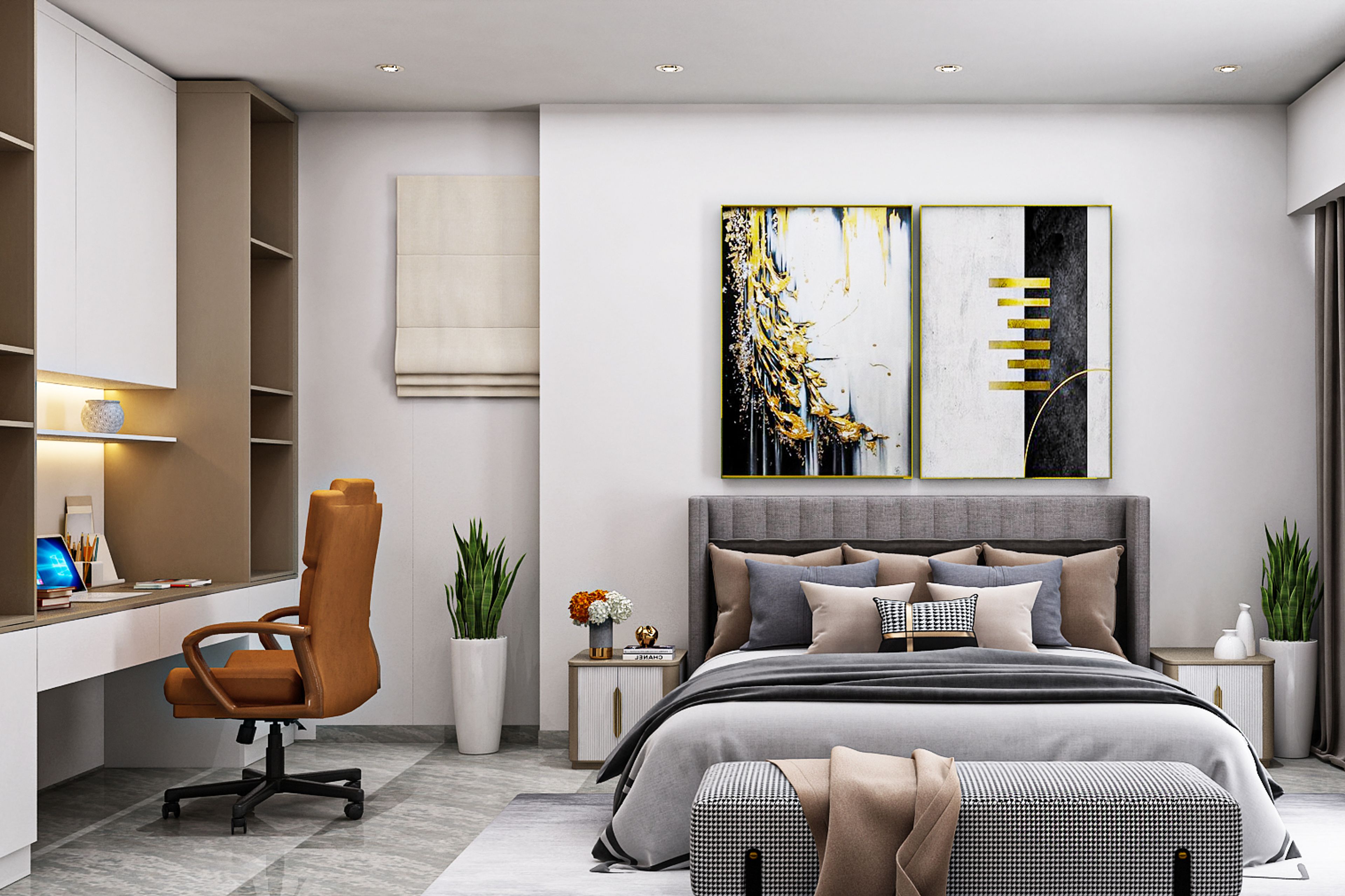 Contemporary Master Bedroom Design With Grey Furniture And Study Table