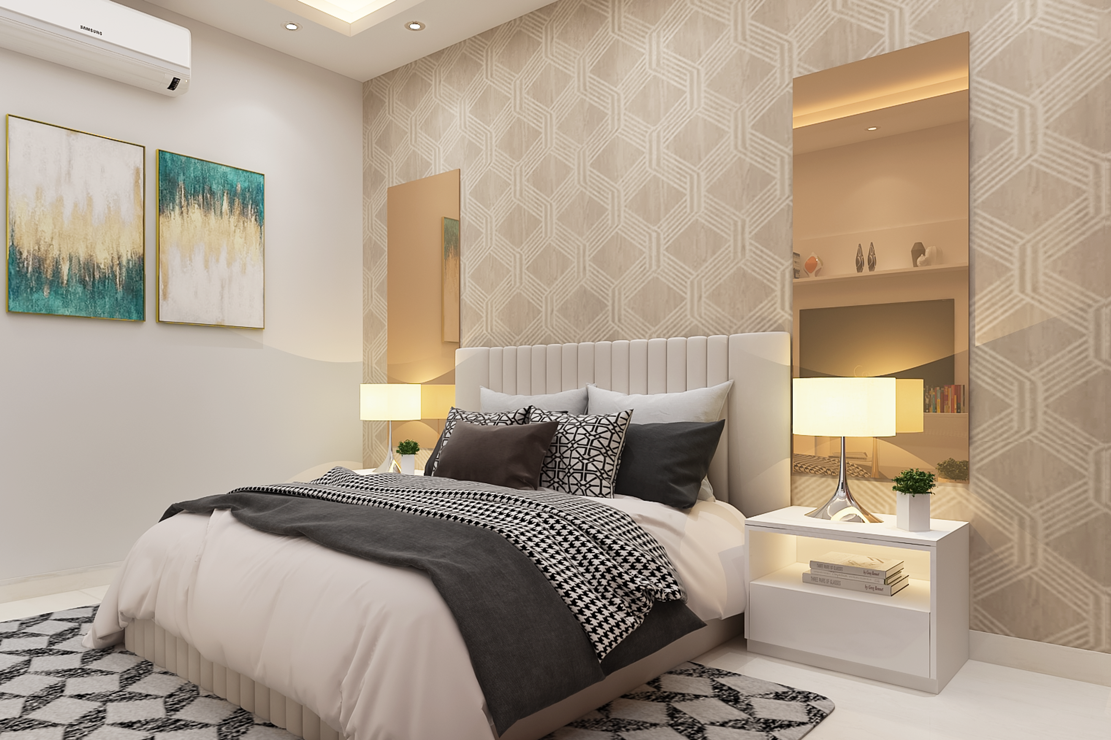 Contemporary Master Bedroom Design With Printed Wallpaper
