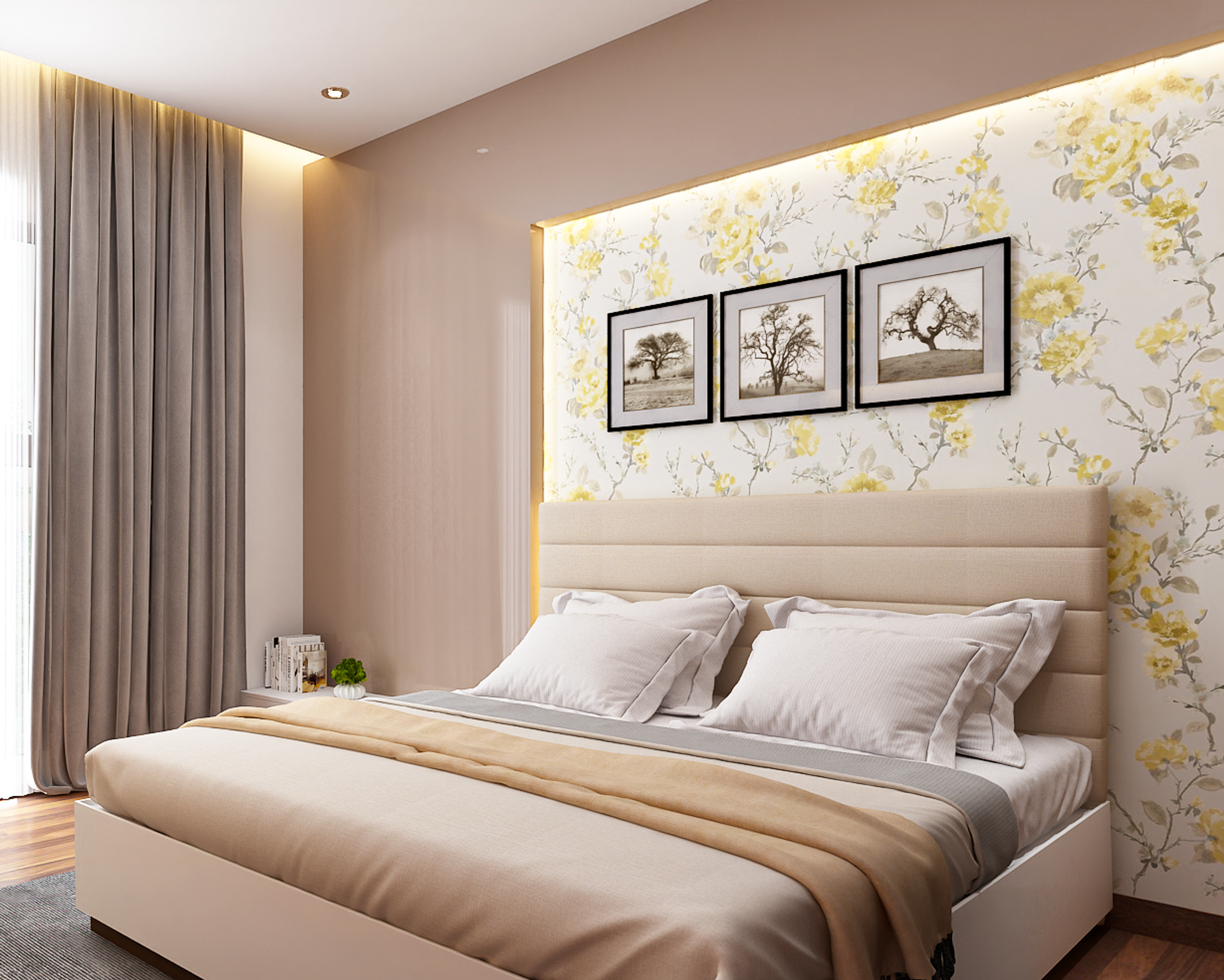 Contemporary Master Bedroom Design With Double Bed And Patterned Wallpaper