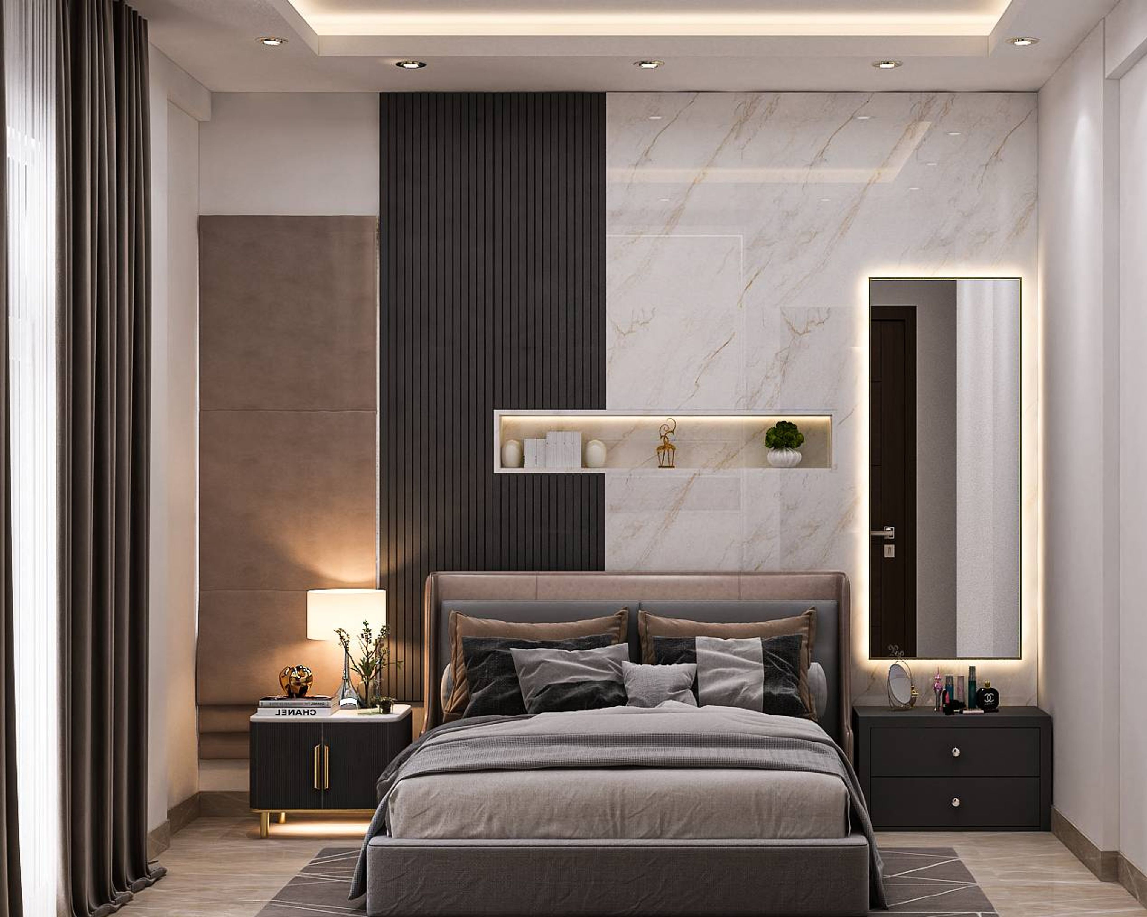 Dark Shaded Modern Master Bedroom Design With Rich Decor