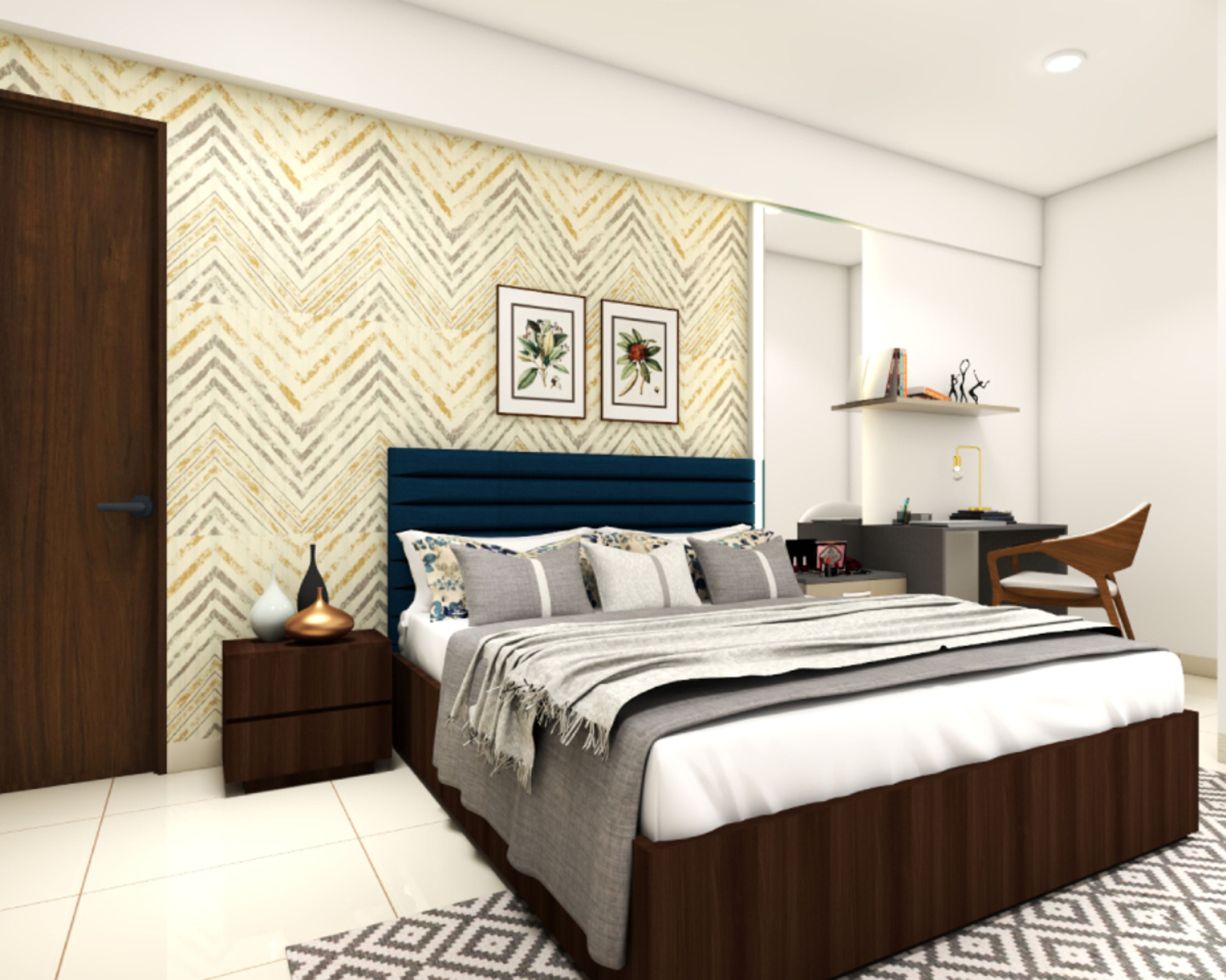Modern Master Bedroom Design With Golden Chevron Wallpaper