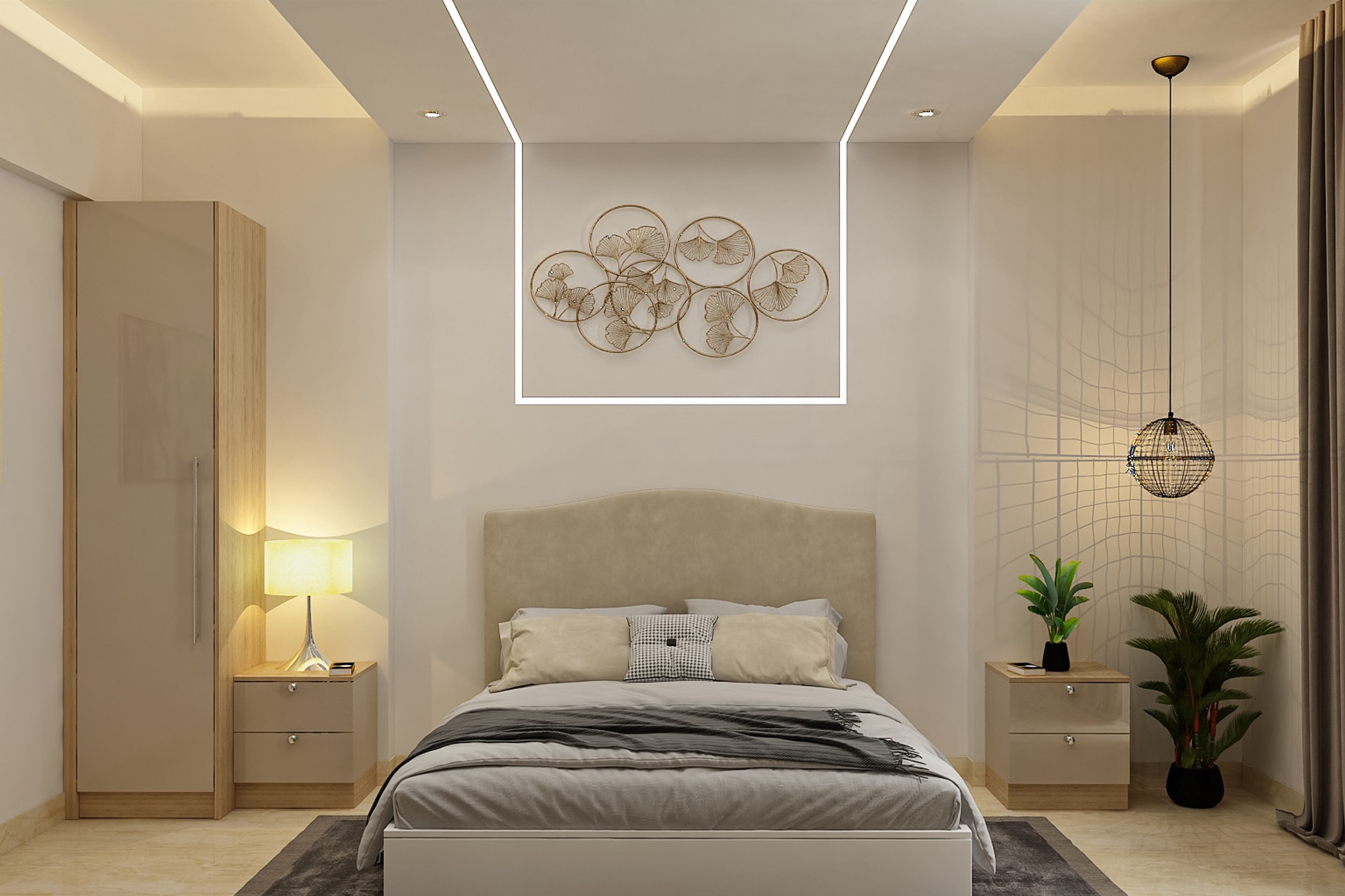 Modern Master Bedroom Design With Beige Upholstered Bed
