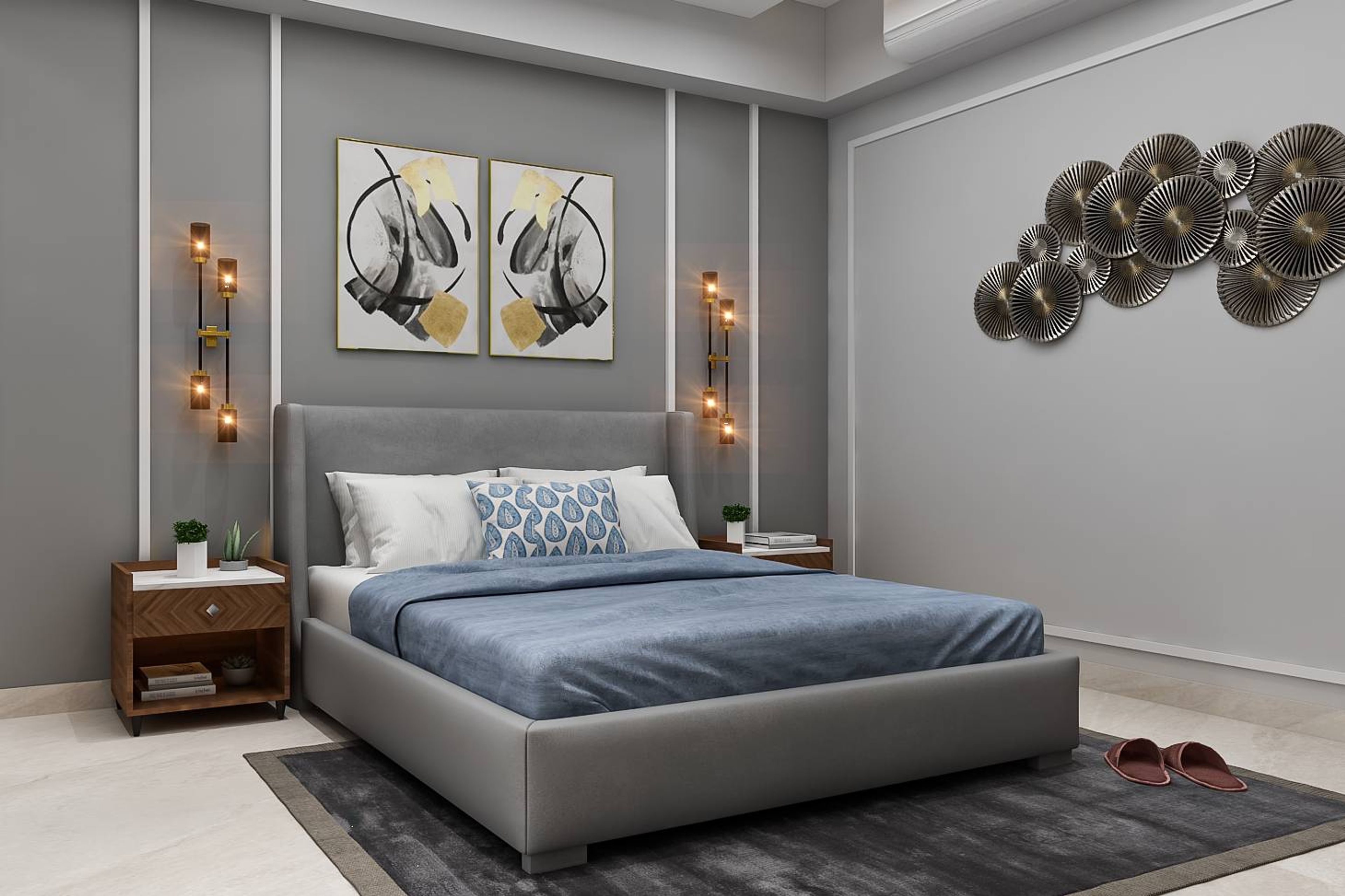 Grey Master Bedroom Design With White Trims