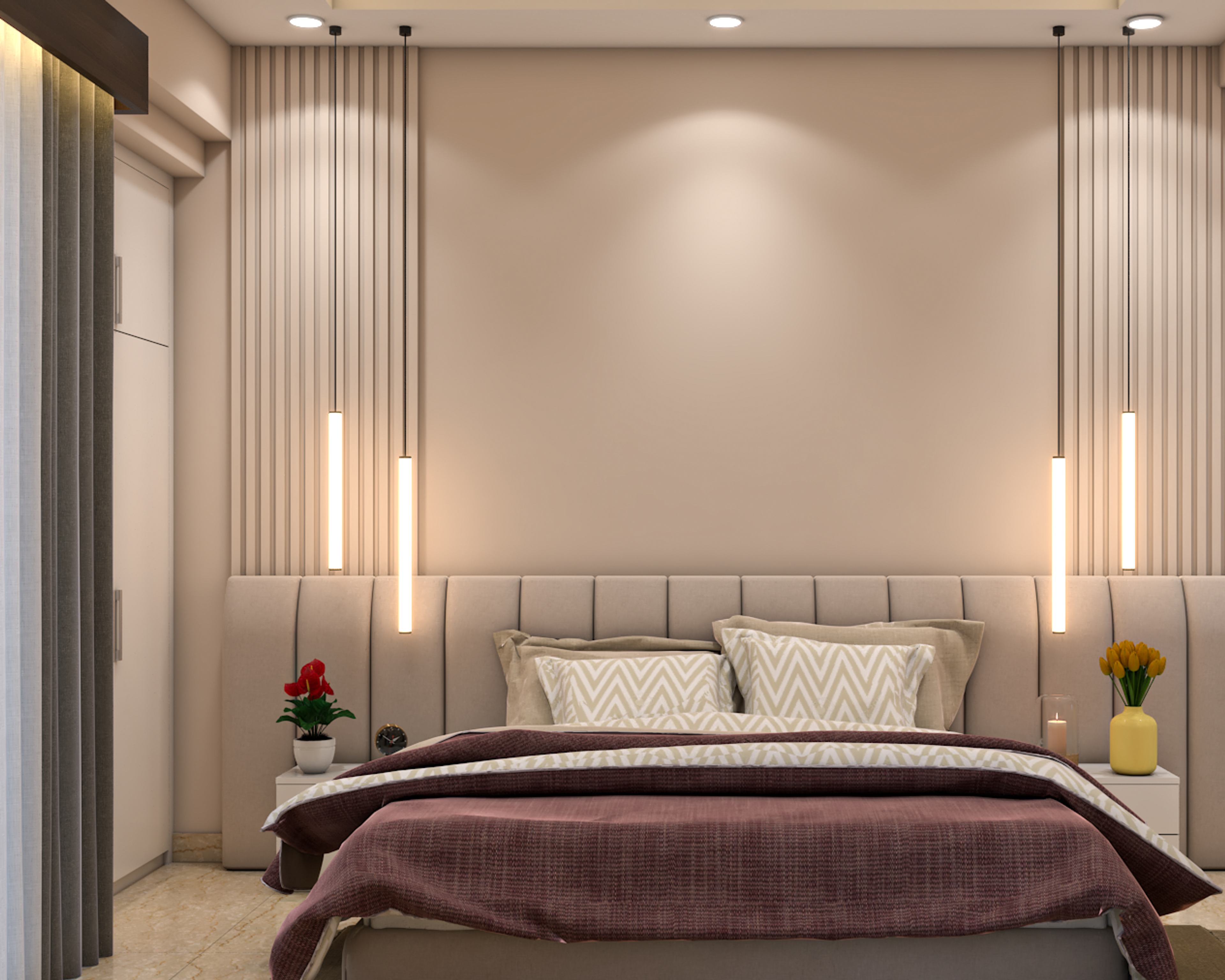 Compact Master Bedroom Design With Beige Wall